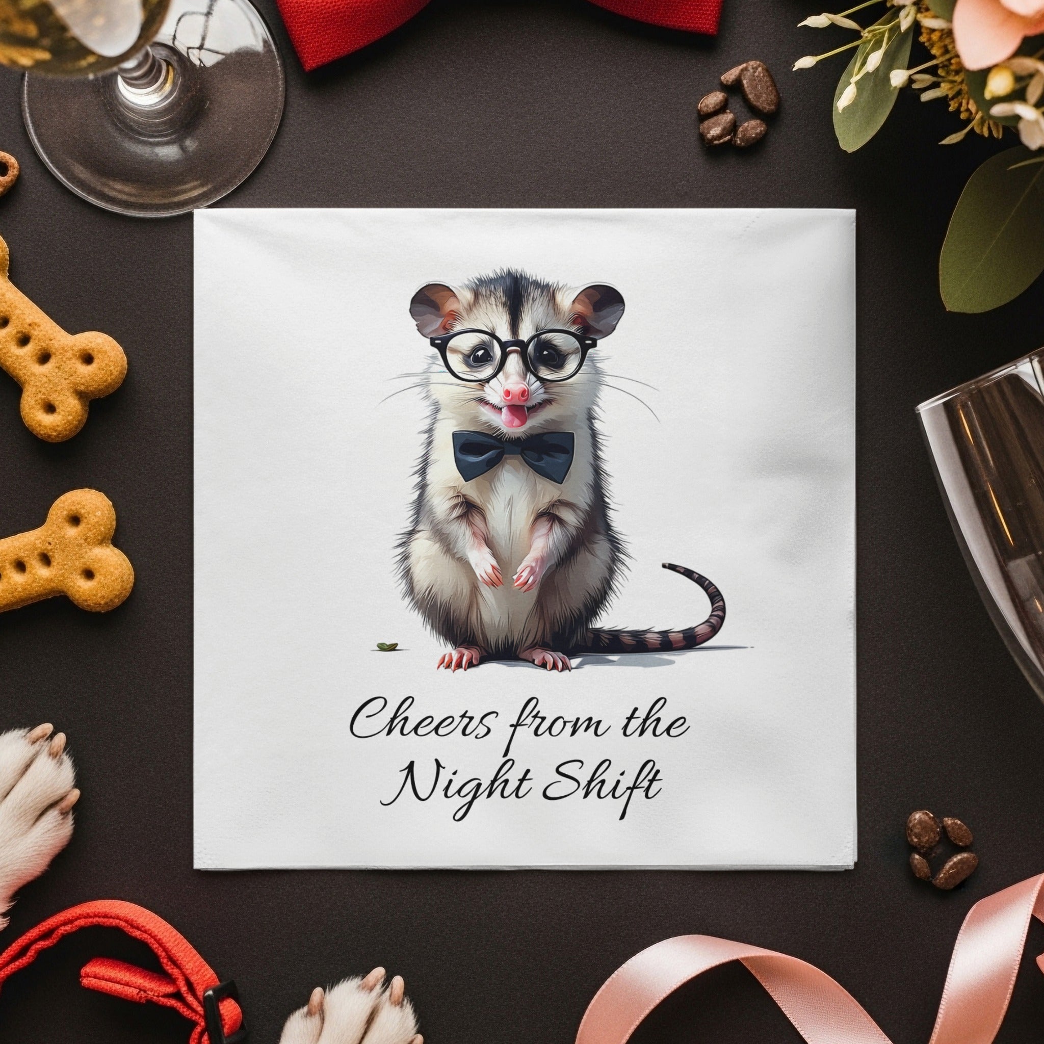 Opossum Napkin, Funny Animal Napkin, Cheers from the Night Shift, Cute Possum Gift, Nerdy Animal Napkin, Party Napkin, Novelty Napkin