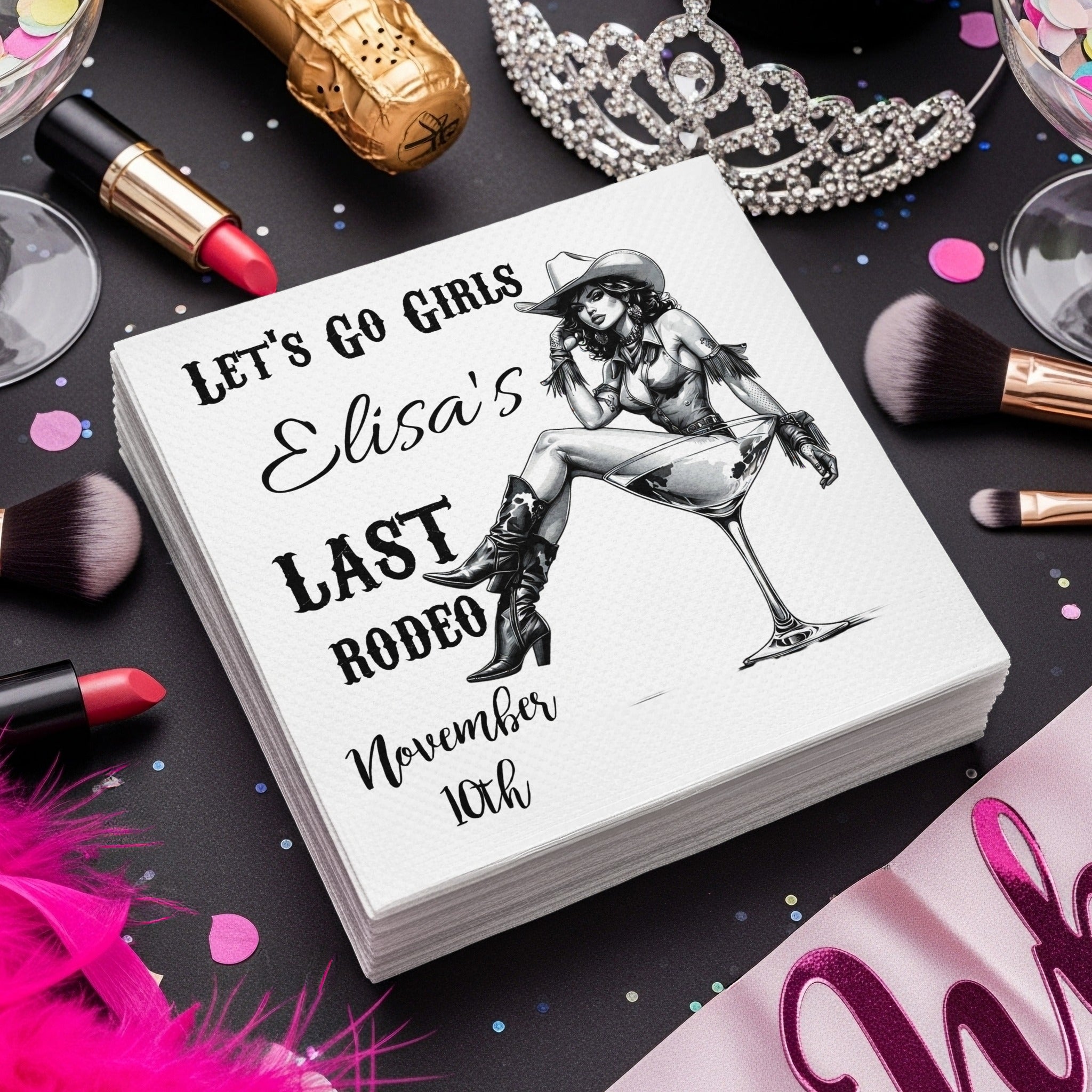 Personalized Bachelorette Napkins – Let’s Go Girls Rodeo – Custom Last Rodeo Party Napkins with Name & Date – Featuring Cowgirl Cocktail Design