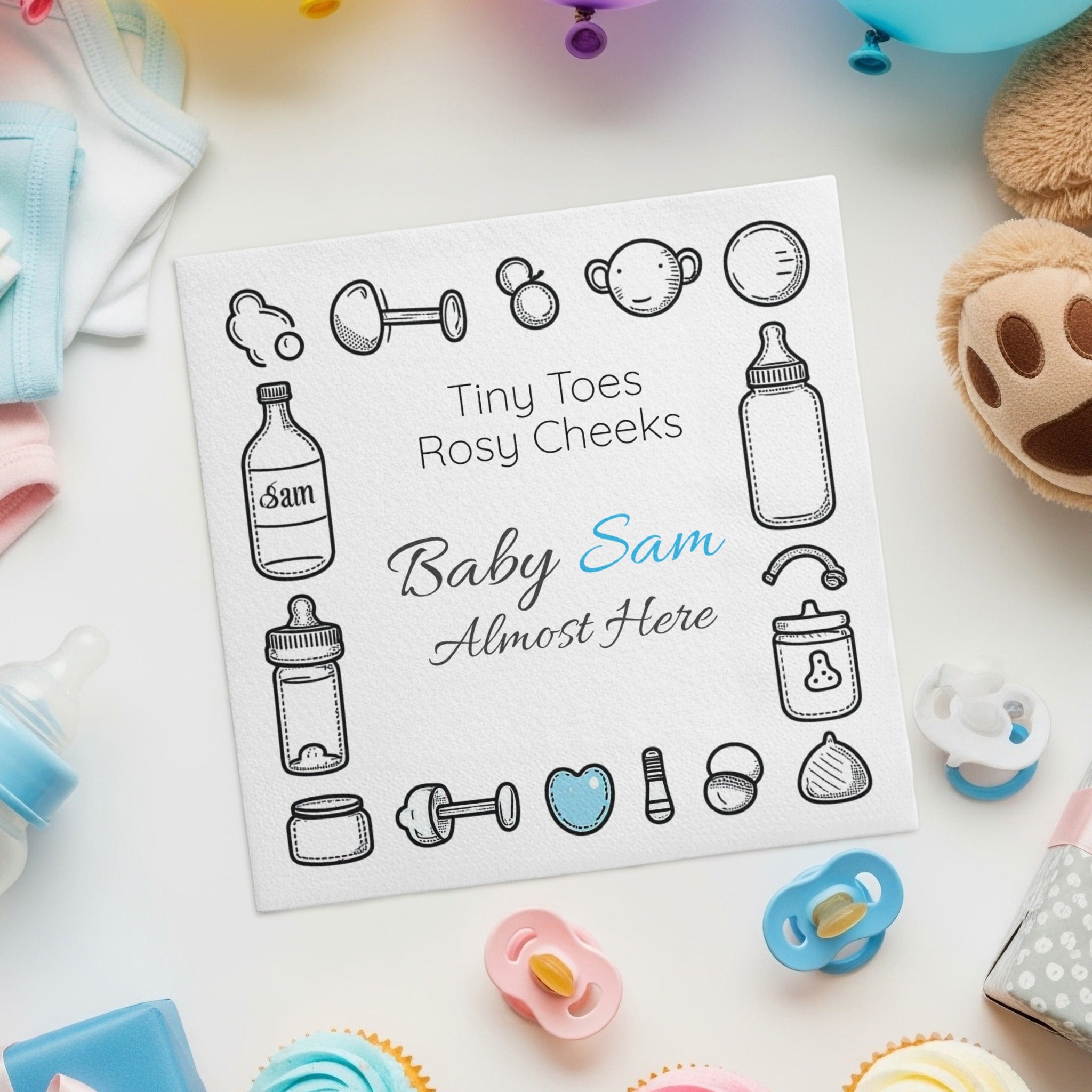 Personalized Baby Shower Napkins – Tiny Toes, Rosy Cheeks – Custom Baby Shower Napkin with Monochrome Icons – Gender‑Neutral Accent