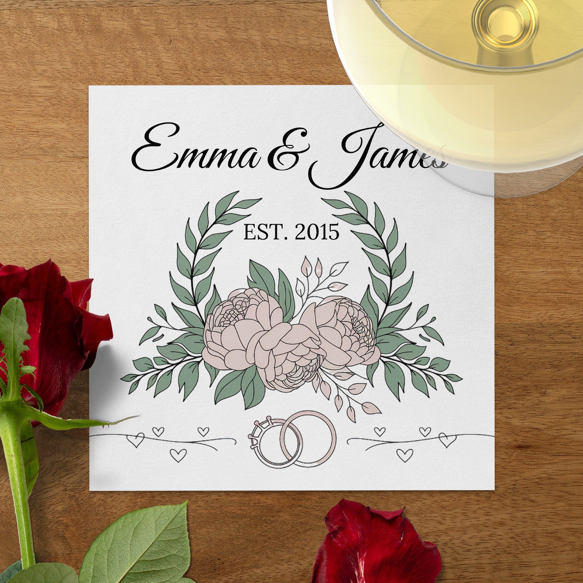 Personalized Wedding Napkins – Established Date with Rings – Custom Wedding Napkin with Floral Accents – Classic Botanical Theme