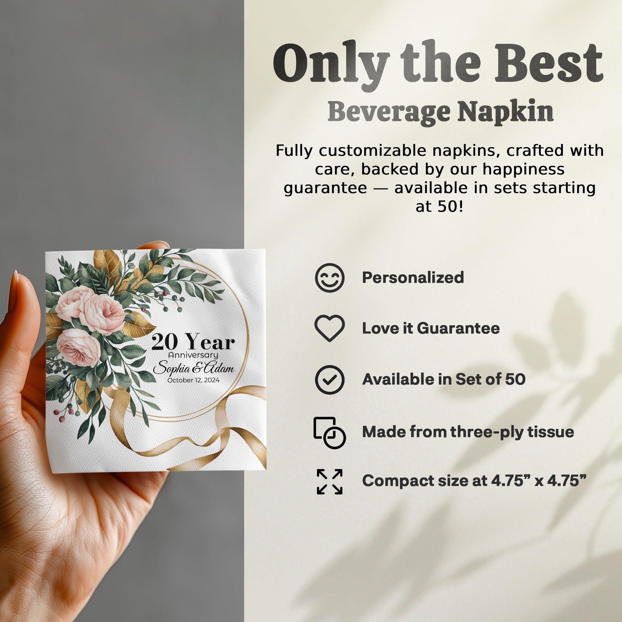 Personalized Floral Napkins – Elegant Wreath Design – Custom Anniversary Napkin with Name & Years