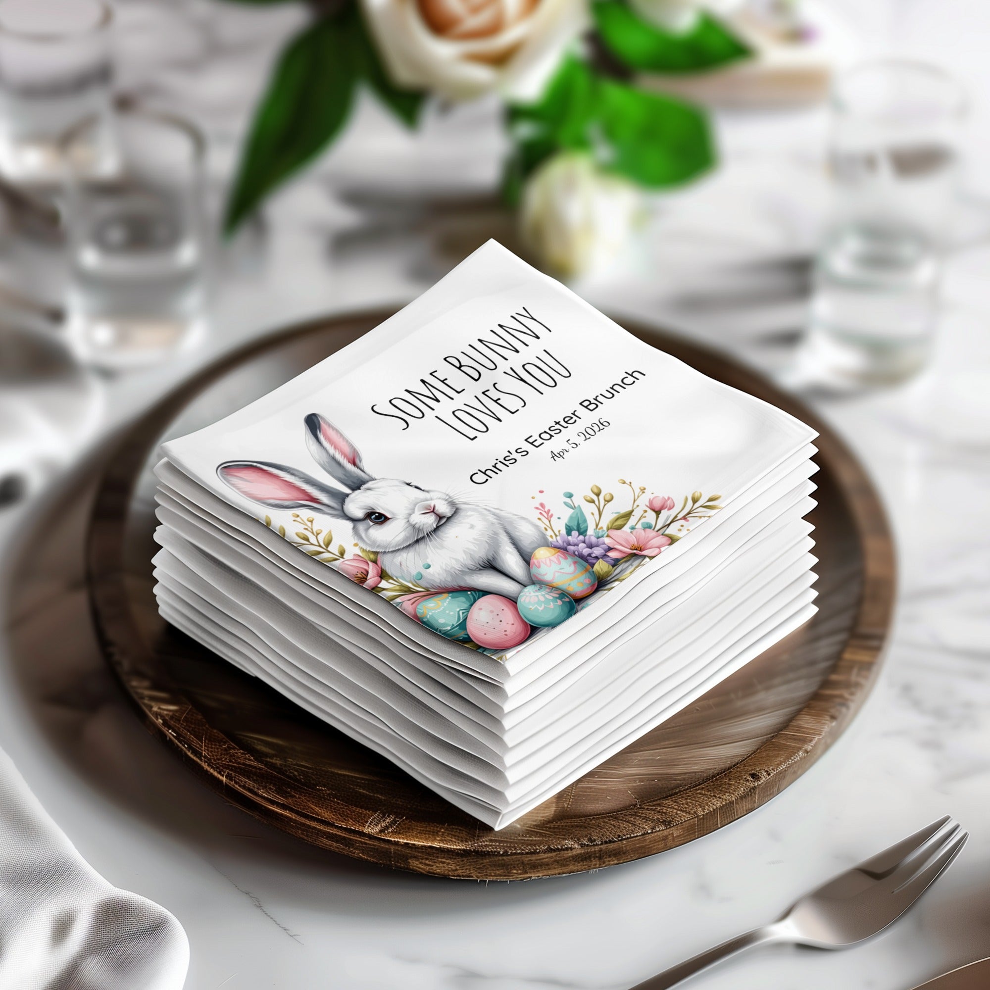 Personalized Easter Napkins – Some Bunny Loves You – Custom Easter Brunch Napkins with Bunny & Eggs – Spring Celebration Decor