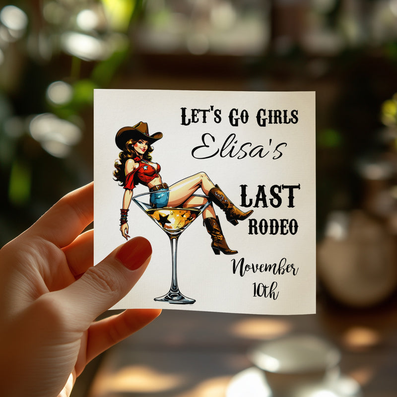 Personalized Bachelorette Napkins – Colorful Cowgirl Last Rodeo – Custom Party Napkins with Name & Date – Featuring Cocktail Glass Design