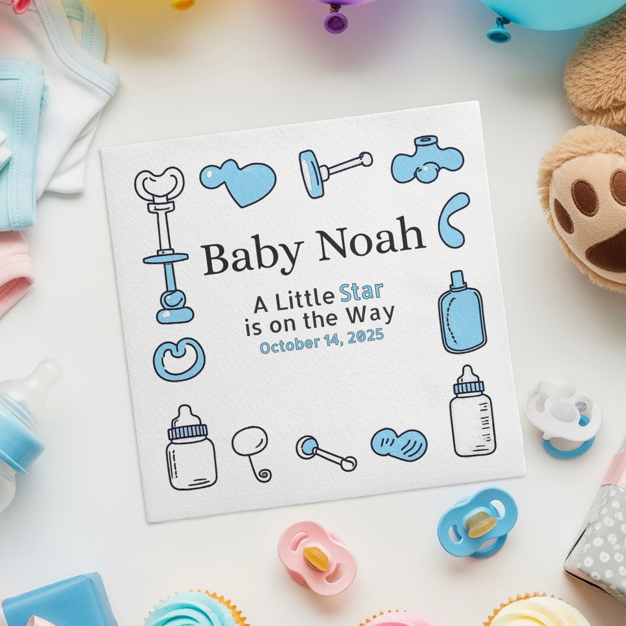 Personalized Baby Shower Napkins – A Little Star Is on the Way – Custom Baby Shower Napkin with Blue Icons – Boy Theme
