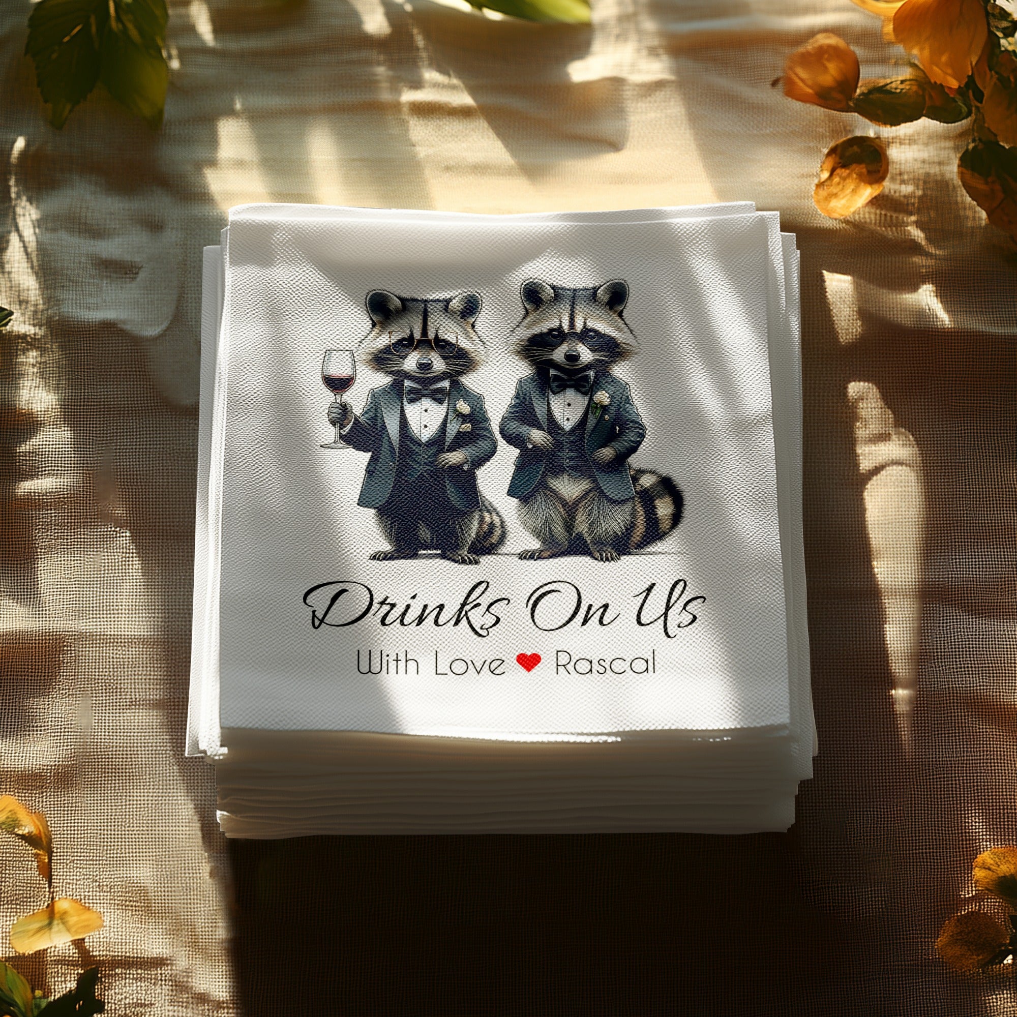 Tuxedo Raccoon Napkin, Funny Raccoon Napkin, Drinks On Us Napkin, Cute Animal Napkin, Party Napkin, Host Gift, Wedding Napkin
