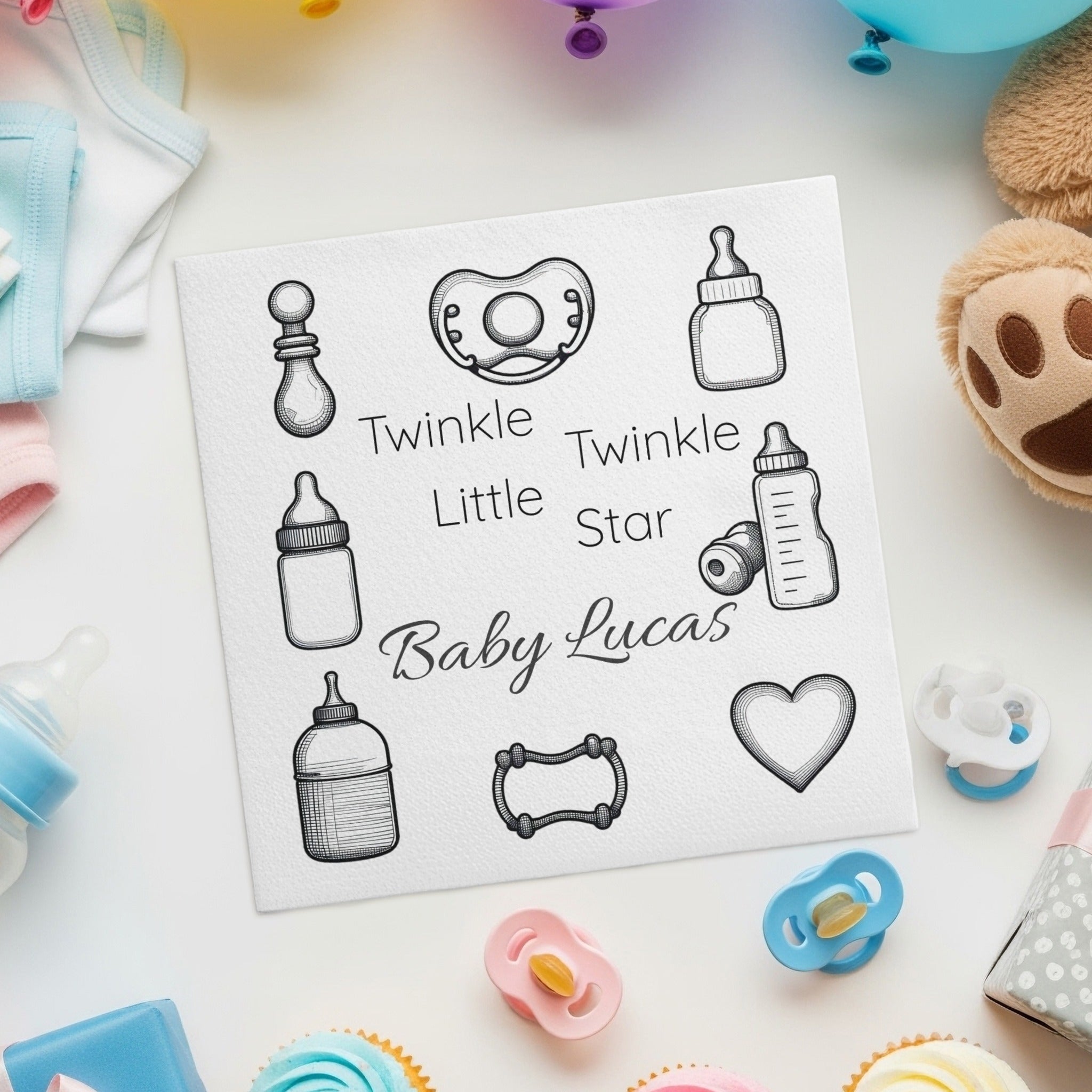 Personalized Baby Shower Napkins – Twinkle Twinkle Little Star – Custom Baby Shower Napkin with Nursery Sketch Icons – Neutral Black & White