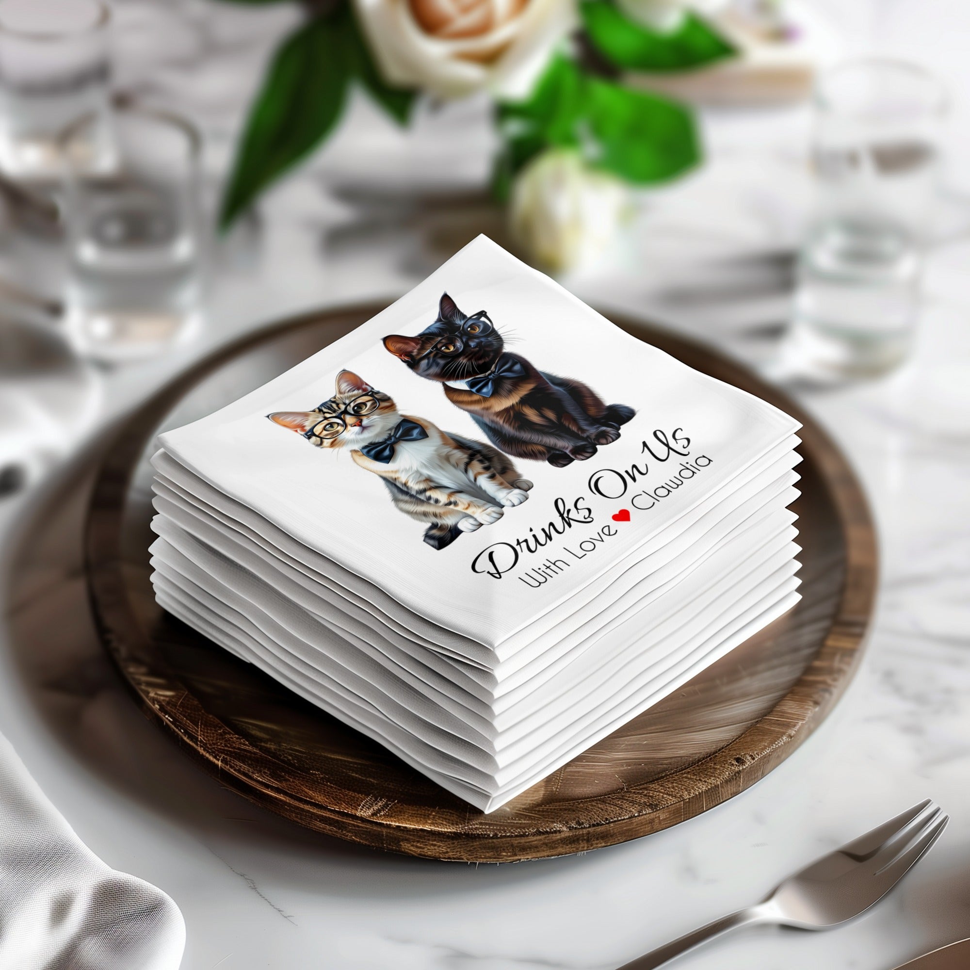 Cats Napkin, Funny Cat Napkins, Party Napkins, Drinks On Us Napkin, Pet Lover Gift, Cat with Bow Tie, Cute Cat Napkins