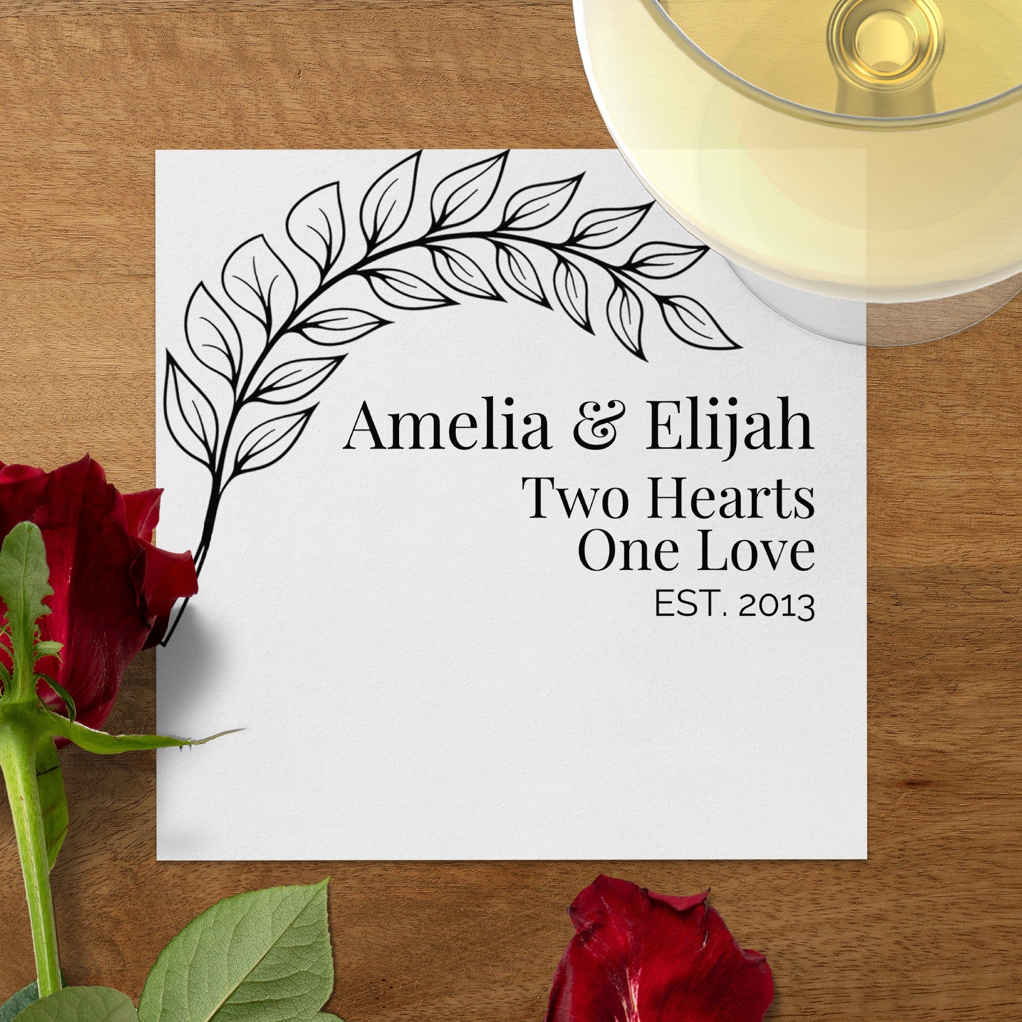 Personalized Wedding Napkins – Two Hearts One Love – Custom Wedding Napkin with Leaf Branch Design – Elegant Black & White Style