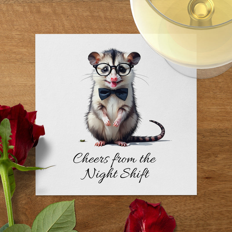 Opossum Napkin, Funny Animal Napkin, Cheers from the Night Shift, Cute Possum Gift, Nerdy Animal Napkin, Party Napkin, Novelty Napkin