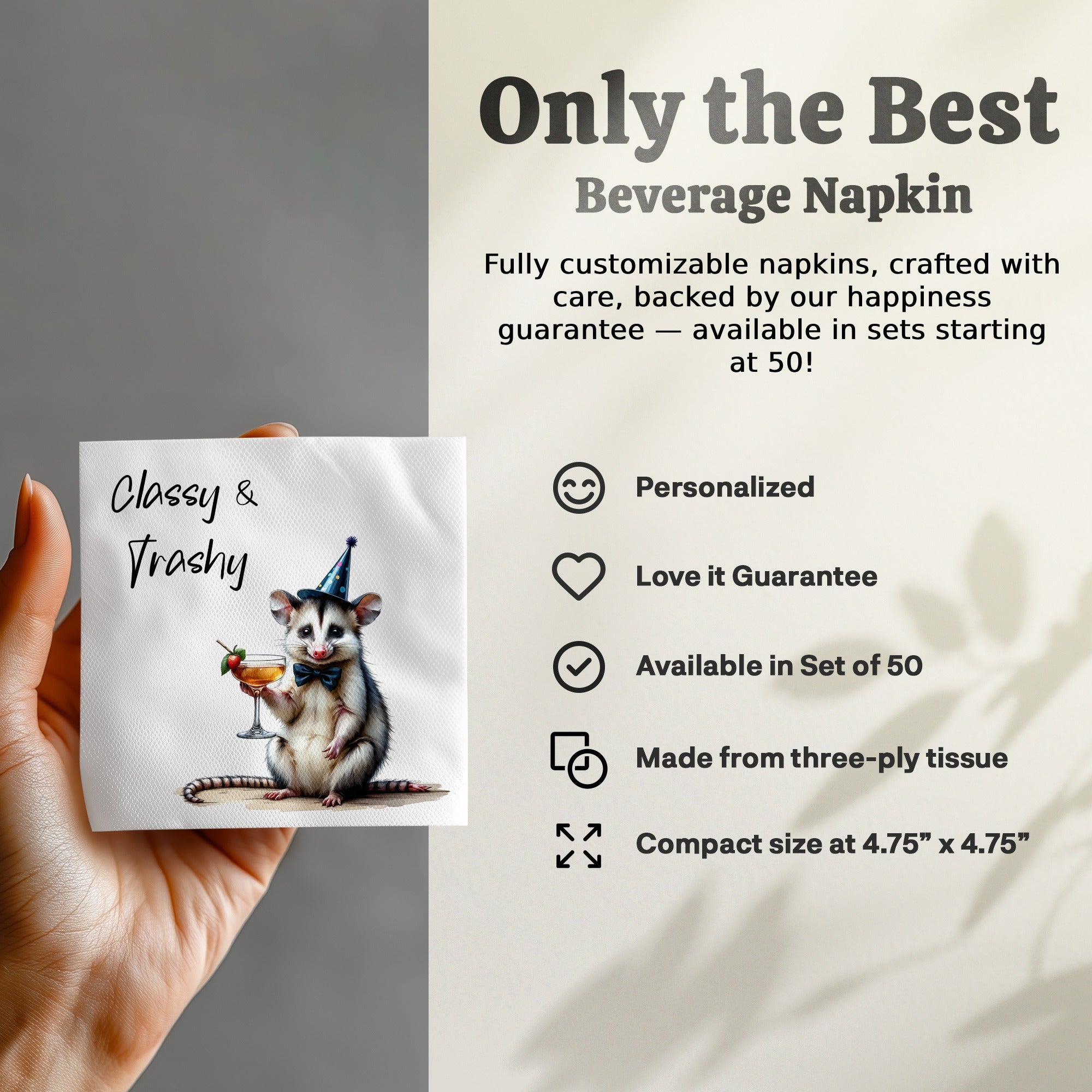 Classy Trashy Opossum Napkin, Party Animal Design, Funny Cocktail Napkin, Novelty Gift, Cute Opossum, Unique Napkin Decor, Fun Napkin