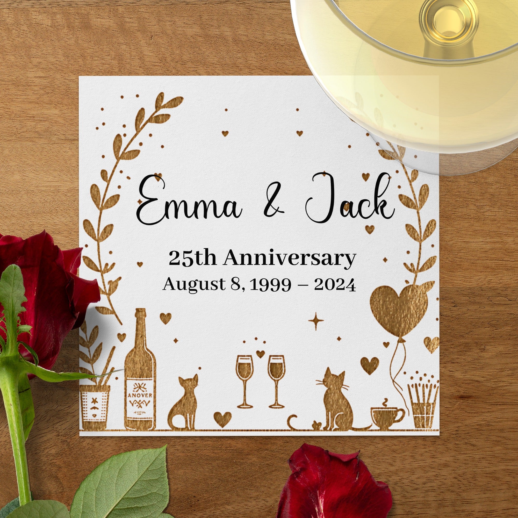 Personalized Anniversary Napkins – Golden Romance Design – Custom Elegant Napkin with Name & Years