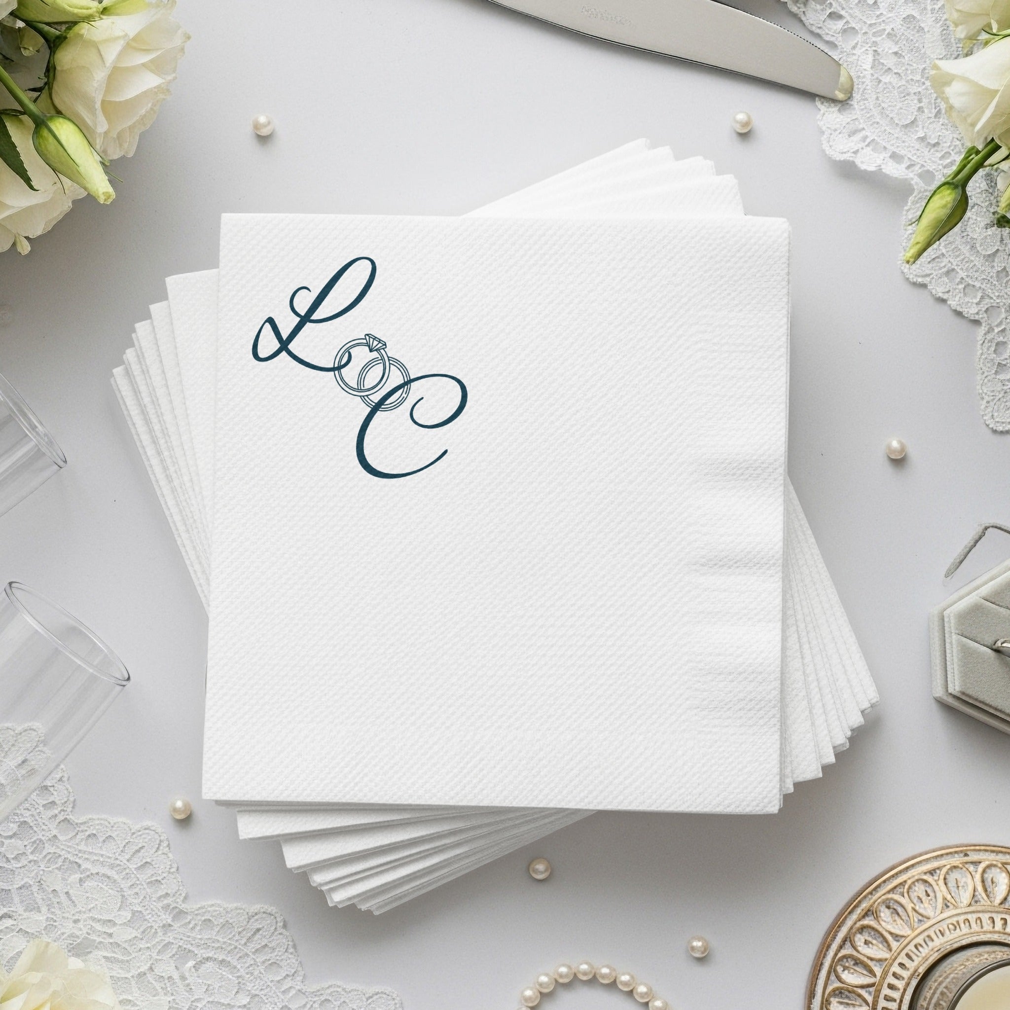 Personalized Wedding Napkins – Ring Monogram – Custom Wedding Napkin with Script Initials & Rings – Elegant Minimal Style