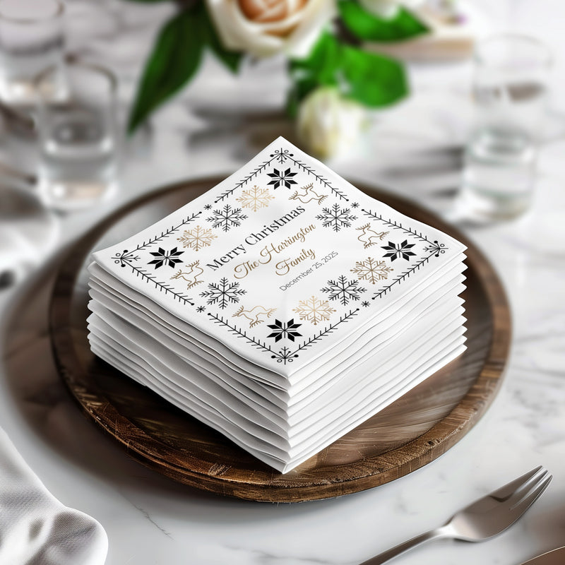 Custom Christmas Napkins – Personalized Holiday Beverage Napkin with Family Name – Nordic Snowflake & Reindeer Design