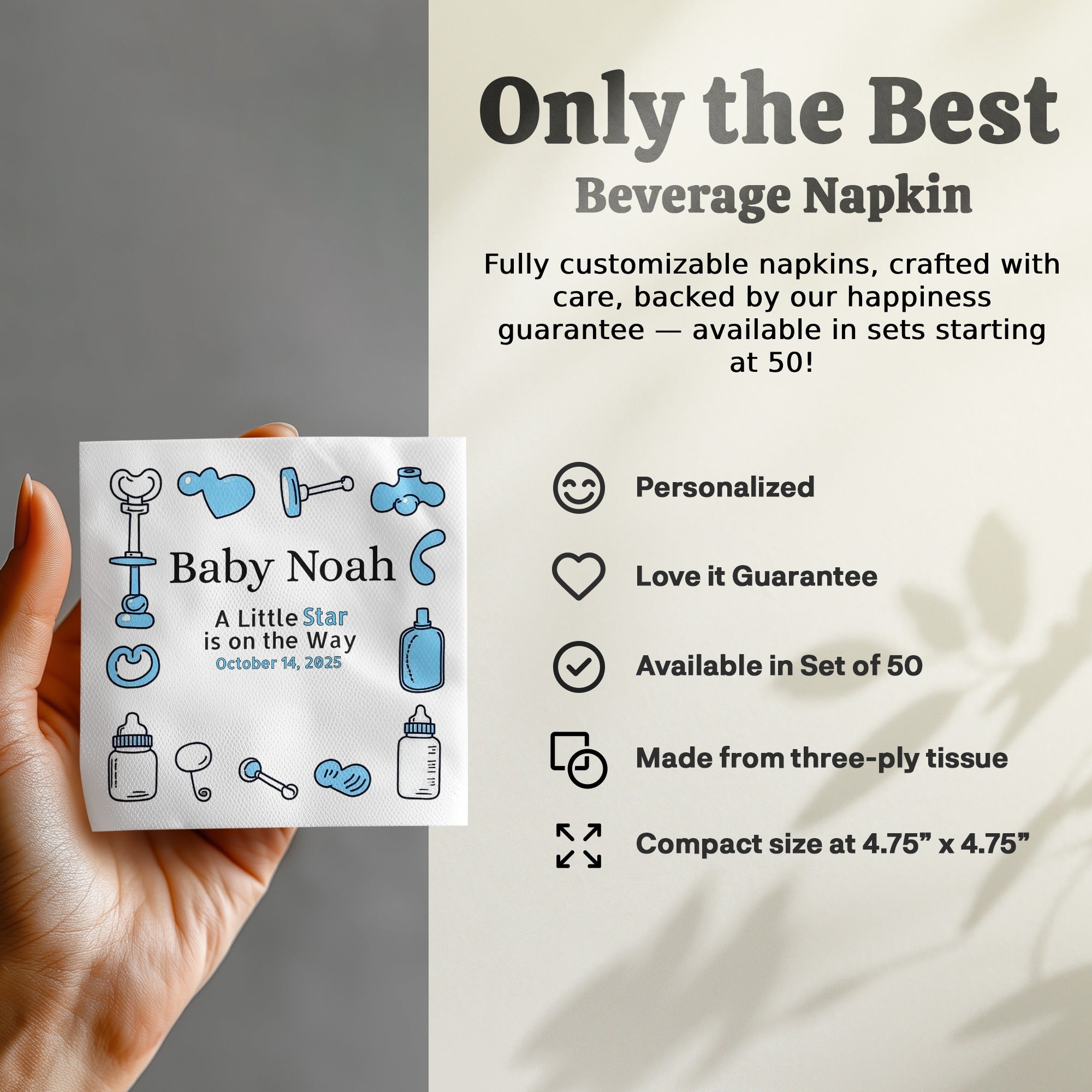 Personalized Baby Shower Napkins – A Little Star Is on the Way – Custom Baby Shower Napkin with Blue Icons – Boy Theme