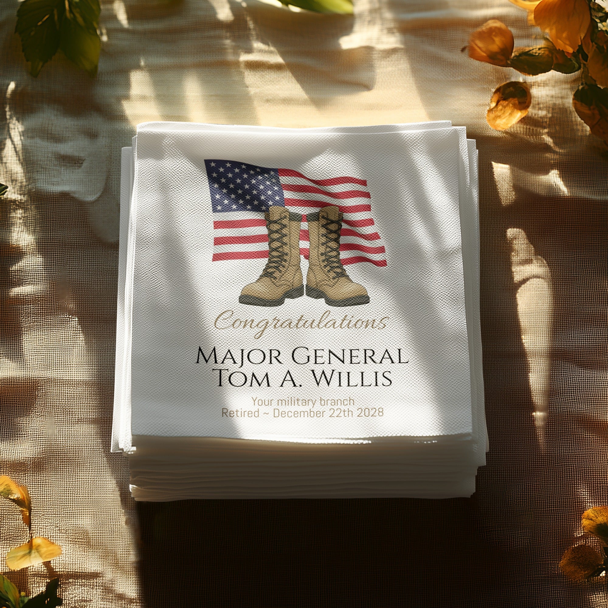 Military Retirement Napkin, Personalized Gift, US Flag, Boots, Major General, Retirement Party Decoration, Military Party Supplies