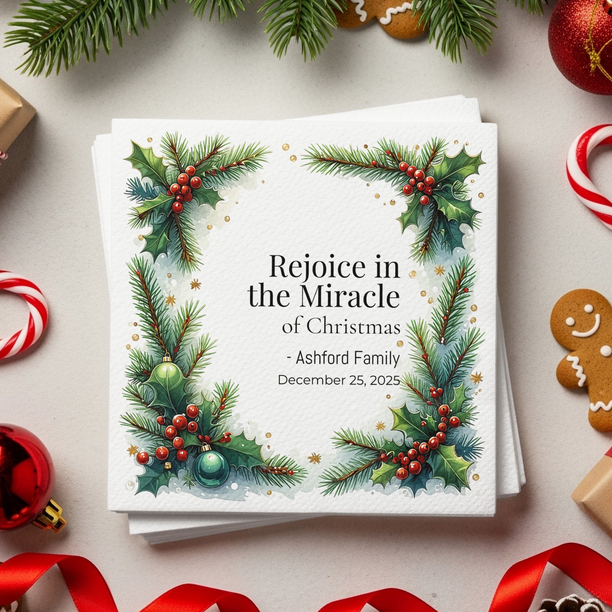 Religious Christmas Napkins – Personalized Holiday Beverage Napkin with Holly & Pine Border – Rejoice in the Miracle of Christmas