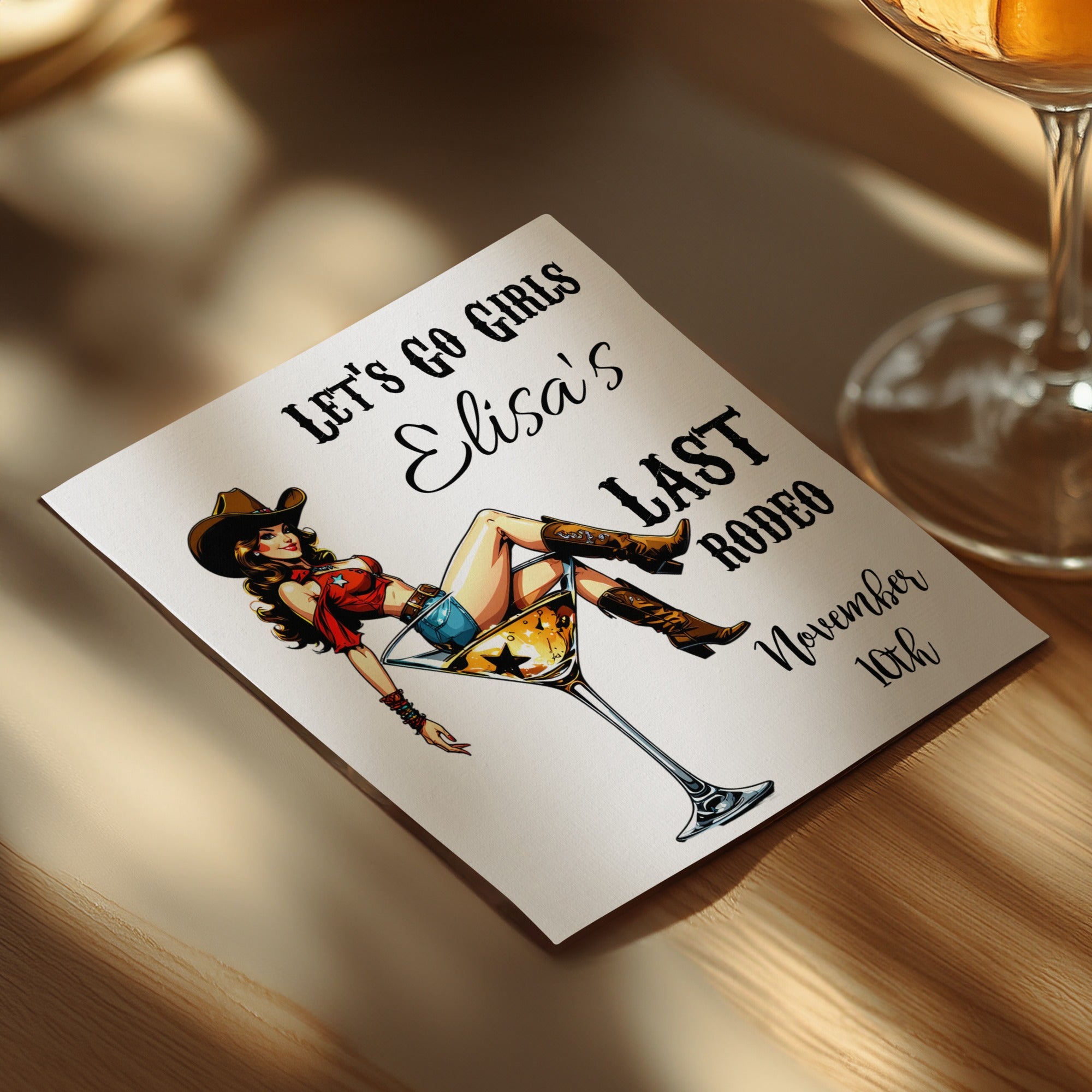 Personalized Bachelorette Napkins – Colorful Cowgirl Last Rodeo – Custom Party Napkins with Name & Date – Featuring Cocktail Glass Design