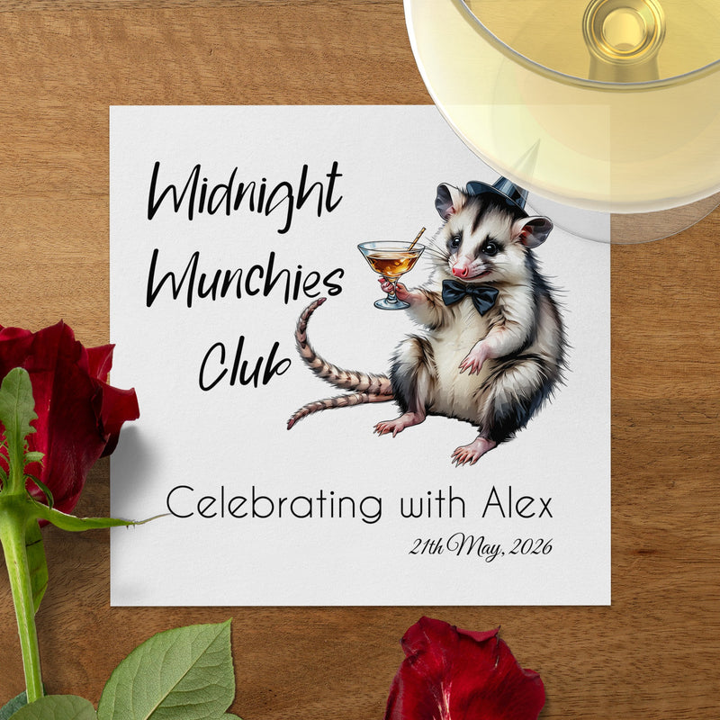Midnight Munchies Opossum Napkin, Funny Party Napkin, Celebrating with Alex Napkin, Cocktail Napkin, Opossum Lover Gift, Party Decor