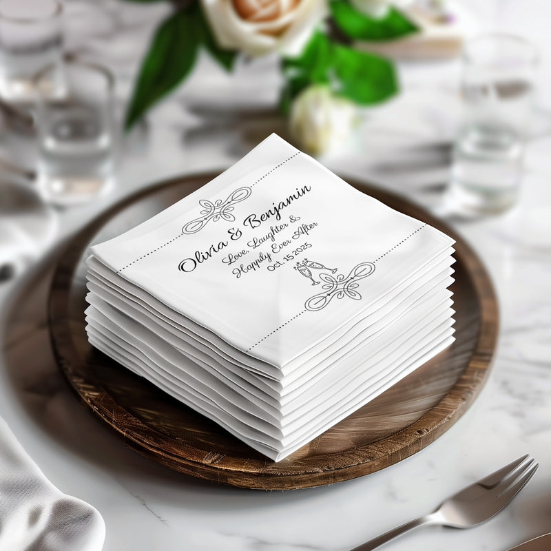 Personalized Wedding Napkins – Love, Laughter & Happily Ever After – Custom Wedding Napkin with Champagne Glasses – Celebration Theme