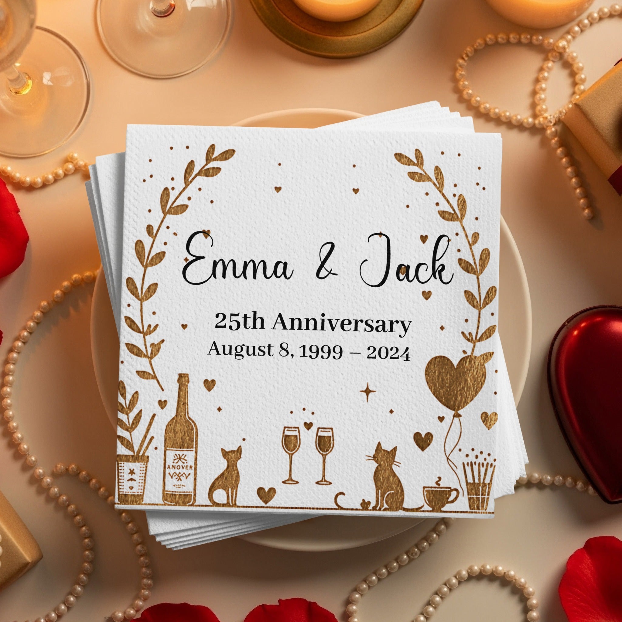 Personalized Anniversary Napkins – Golden Romance Design – Custom Elegant Napkin with Name & Years