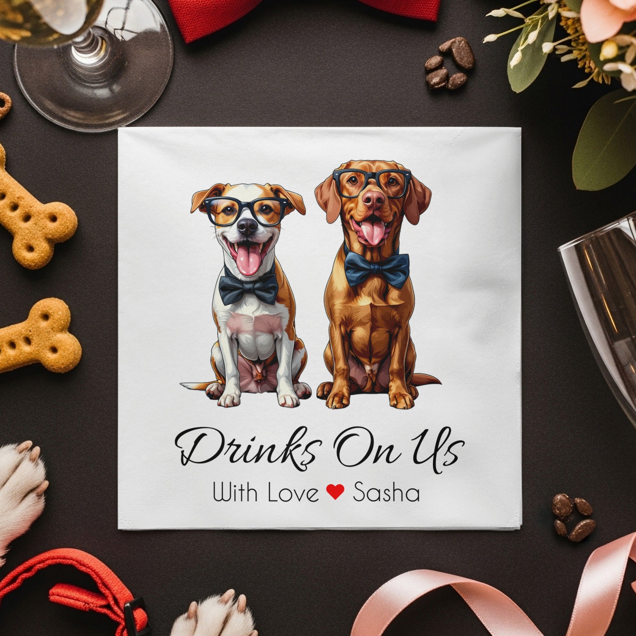 Drinks On Us Napkin, Funny Dogs Napkin, Stylish Dog Napkin, Party Napkin, Animal Napkin, Cute Napkin, Designer Napkin, Unique Napkin
