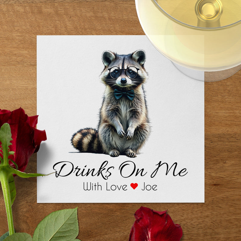 Drinks On Me Napkin, Raccoon Napkin, Animal Lover Gift, Funny Raccoon, Bowtie Napkin, Cute Animal, Party Napkin, Raccoon Art