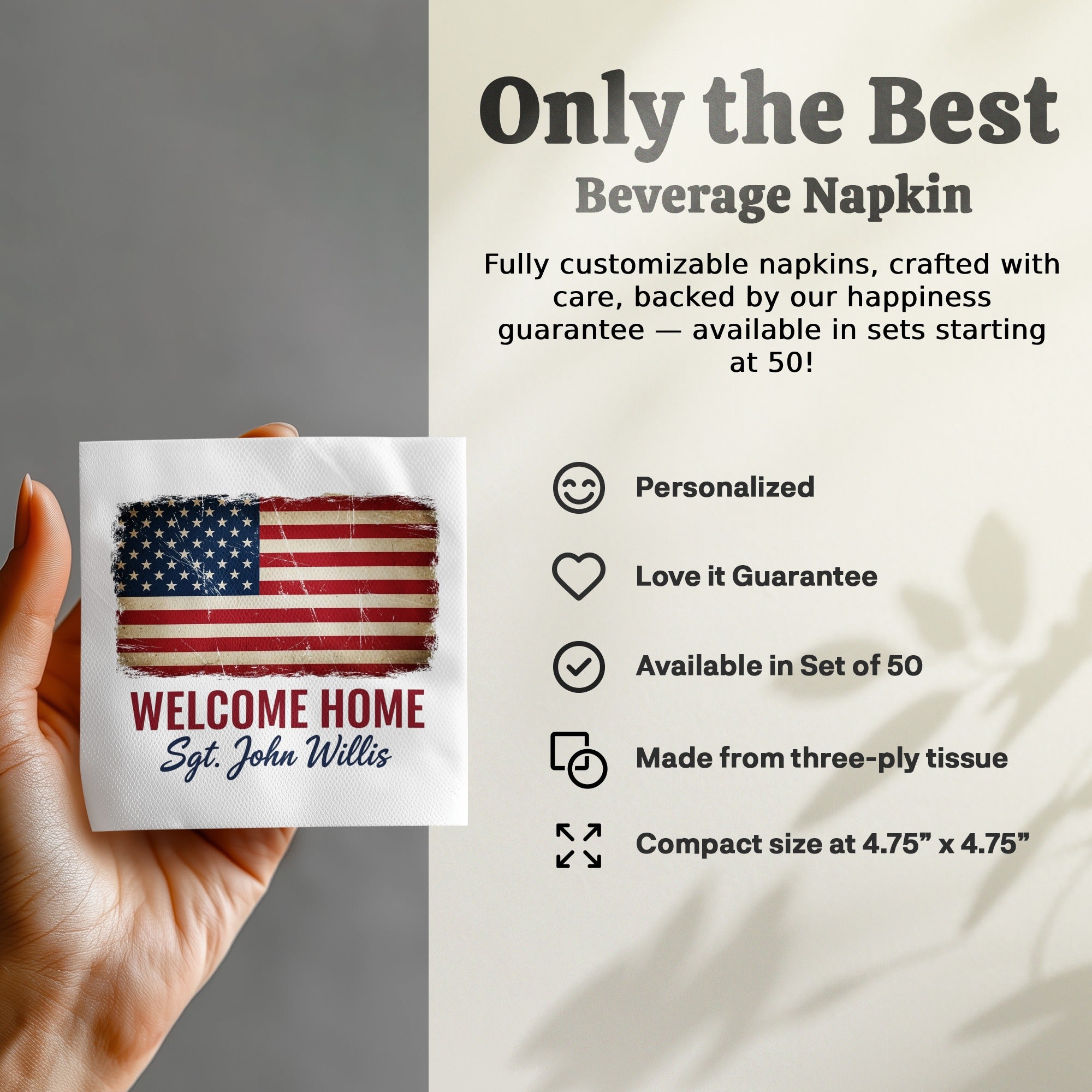 Welcome Home Napkin, American Flag Napkin, Sgt John Willis Napkin, Patriotic Napkin, Military Napkin, Personalized Napkin