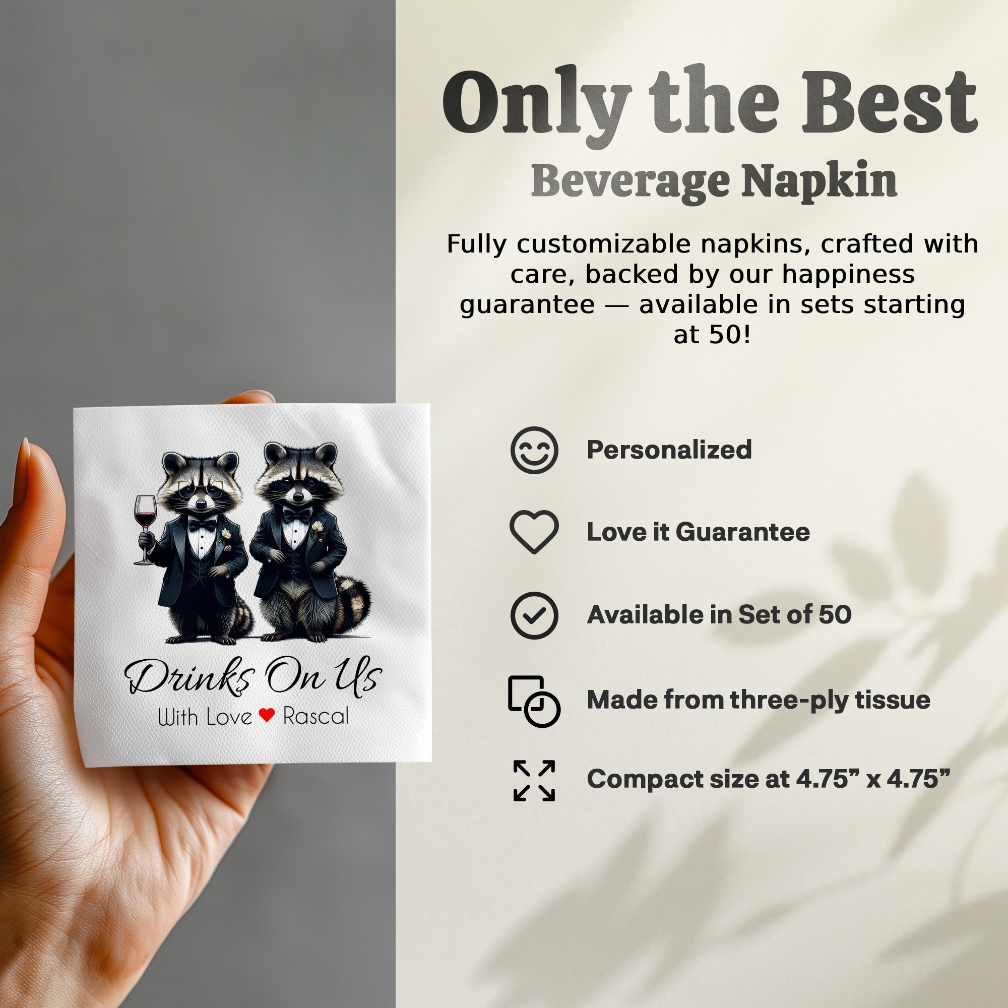 Tuxedo Raccoon Napkin, Funny Raccoon Napkin, Drinks On Us Napkin, Cute Animal Napkin, Party Napkin, Host Gift, Wedding Napkin