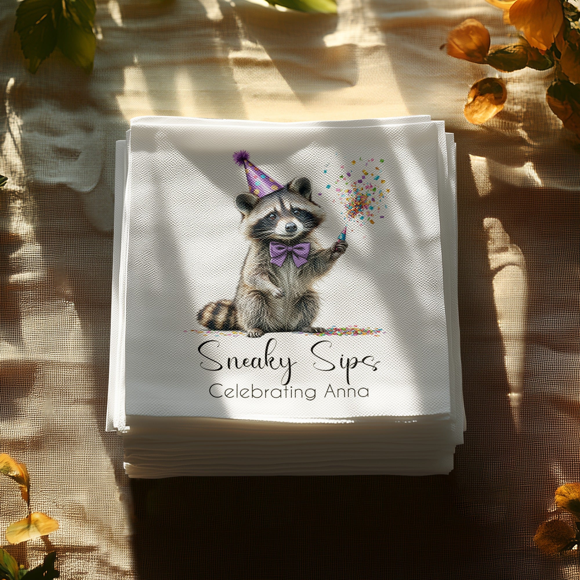 Party Raccoon Napkin, Celebrating Anna, Sneaky Sips Design, Cute Animal Napkins, Birthday Napkins, Festive Napkins