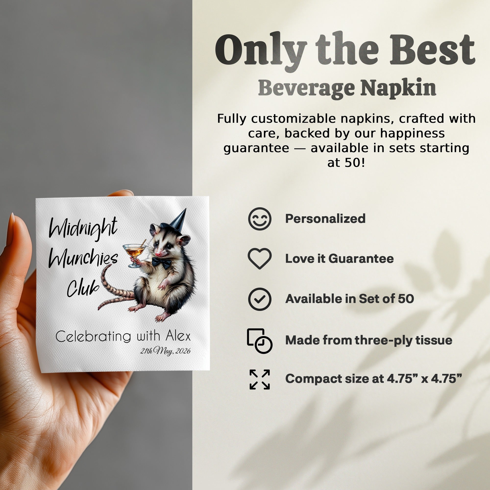 Midnight Munchies Opossum Napkin, Funny Party Napkin, Celebrating with Alex Napkin, Cocktail Napkin, Opossum Lover Gift, Party Decor