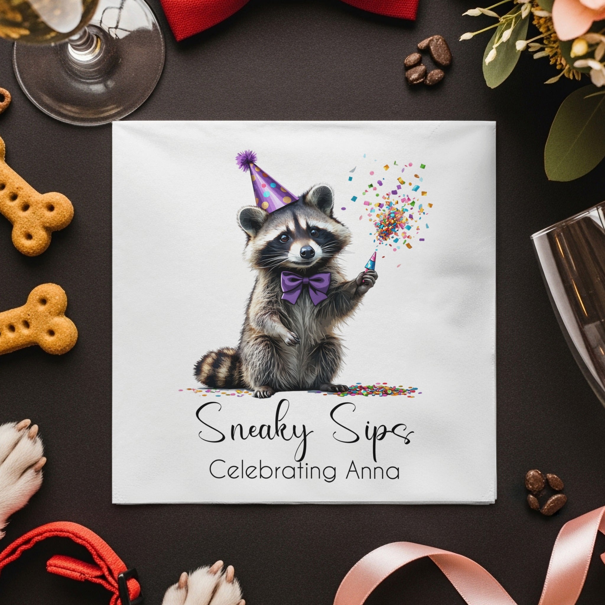 Party Raccoon Napkin, Celebrating Anna, Sneaky Sips Design, Cute Animal Napkins, Birthday Napkins, Festive Napkins