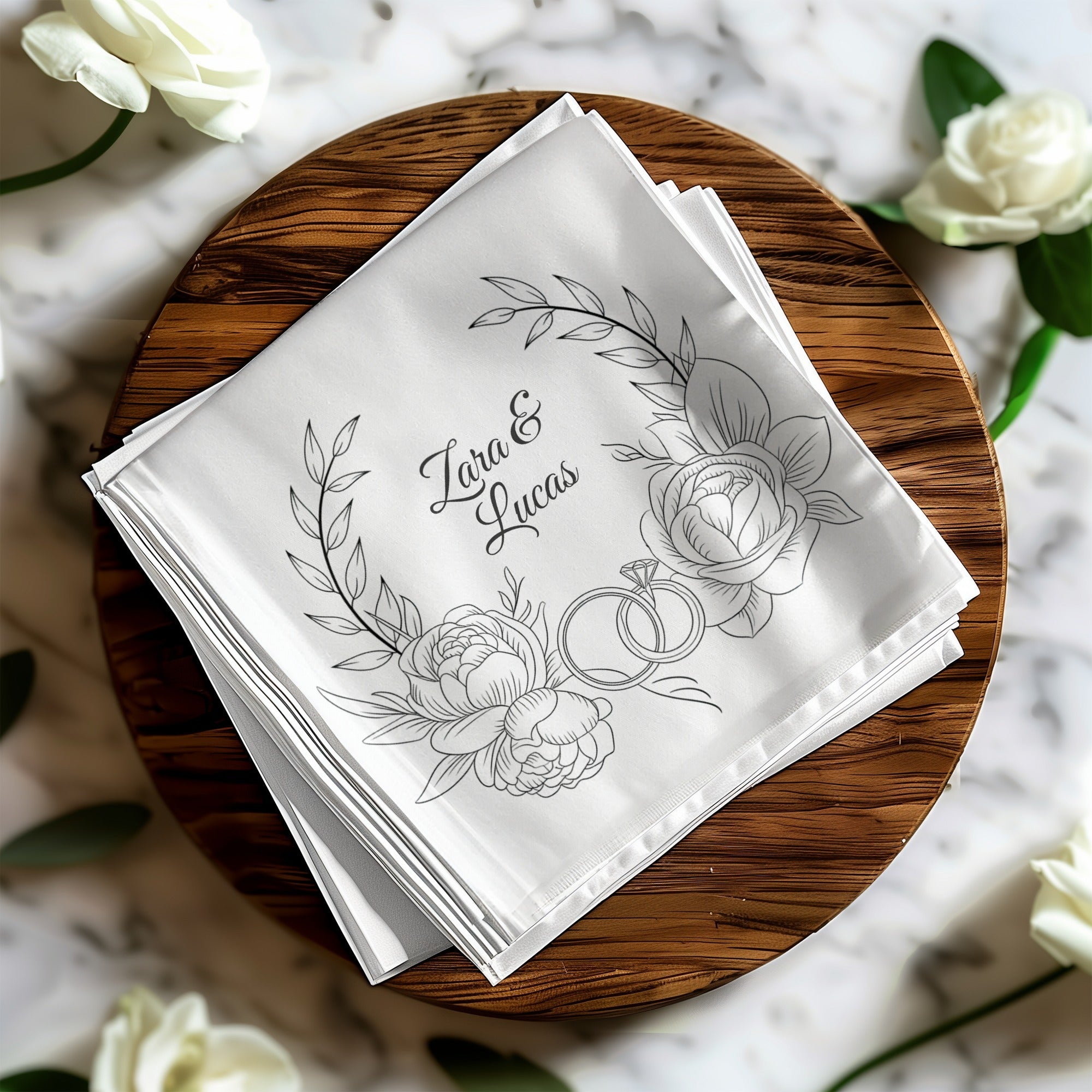 Personalized Wedding Napkins – Floral Ring Wreath – Custom Wedding Napkin with Roses & Rings – Romantic Botanical Style