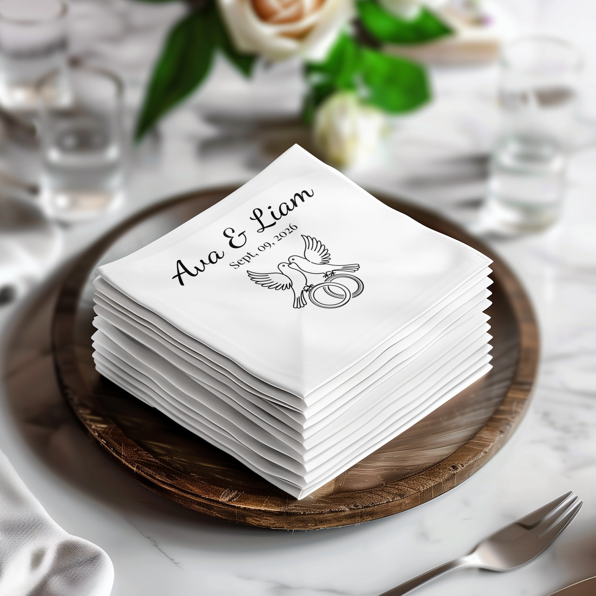 Personalized Wedding Napkins – Love Birds & Rings – Custom Wedding Napkin with Doves and Rings – Symbol of Commitment