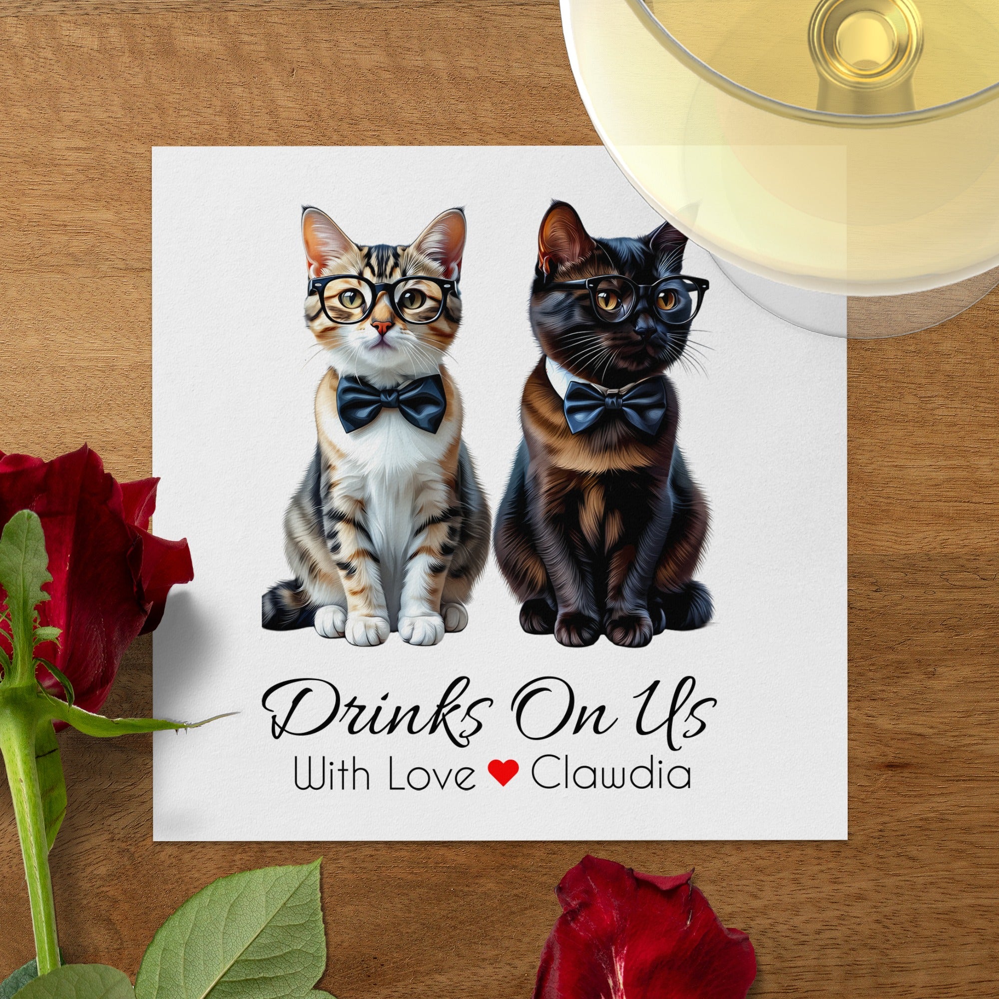 Cats Napkin, Funny Cat Napkins, Party Napkins, Drinks On Us Napkin, Pet Lover Gift, Cat with Bow Tie, Cute Cat Napkins