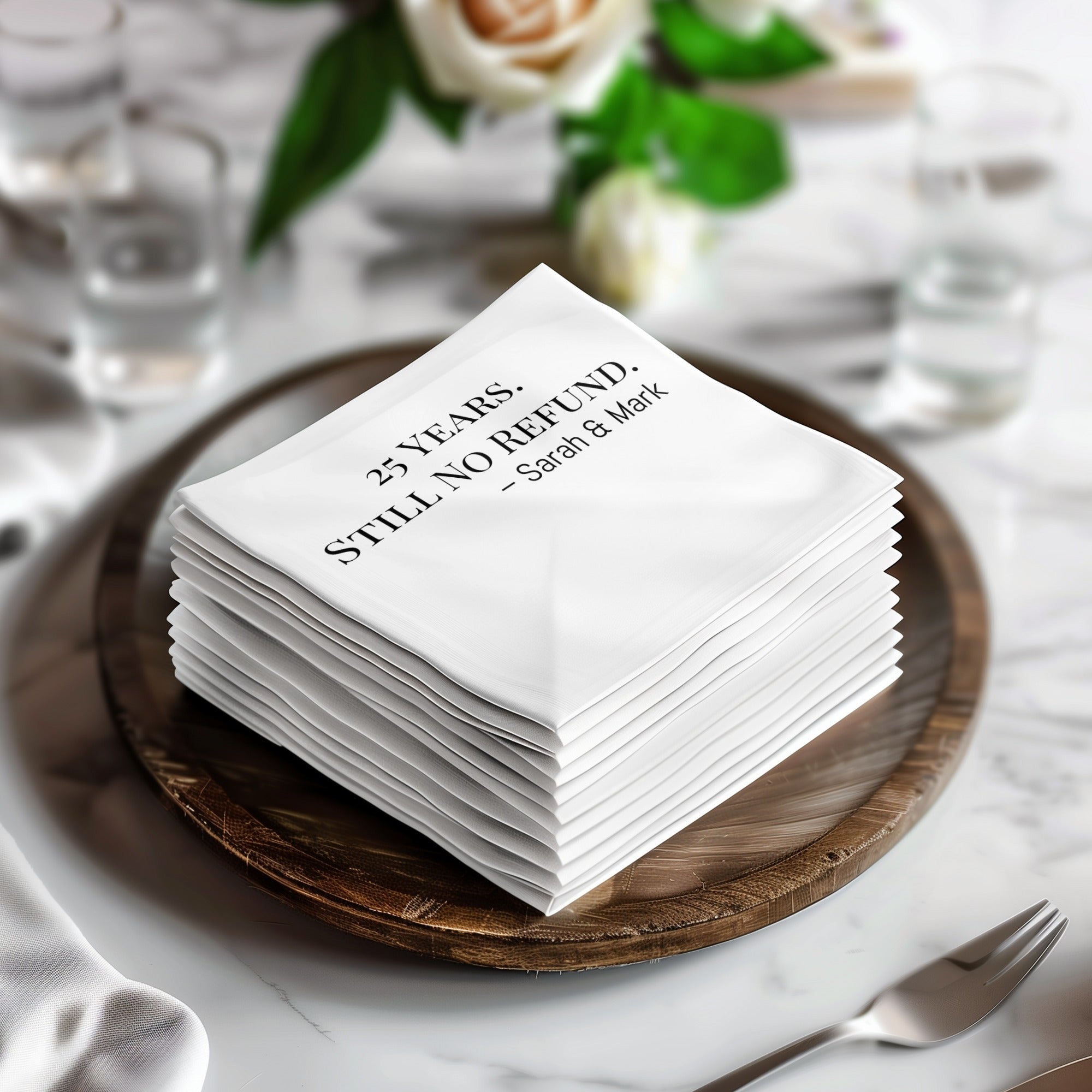 Personalized Anniversary Napkins – Funny Still No Refund Design – Custom Napkin with Name & Years
