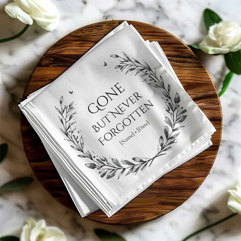 Personalized Memorial Napkins – Gone But Never Forgotten – Funeral Napkin with Name & Date – Elegant Laurel Wreath Design
