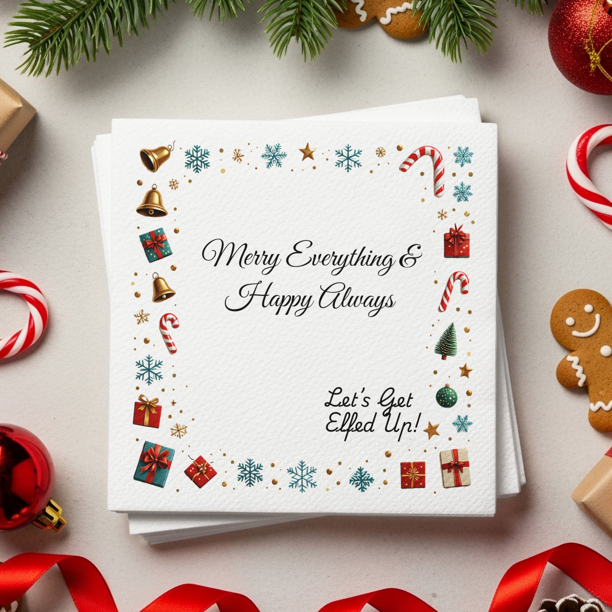 Funny Christmas Napkins – Personalized Holiday Beverage Napkin – Merry Everything & Happy Always - Let's Get Elfed Up!