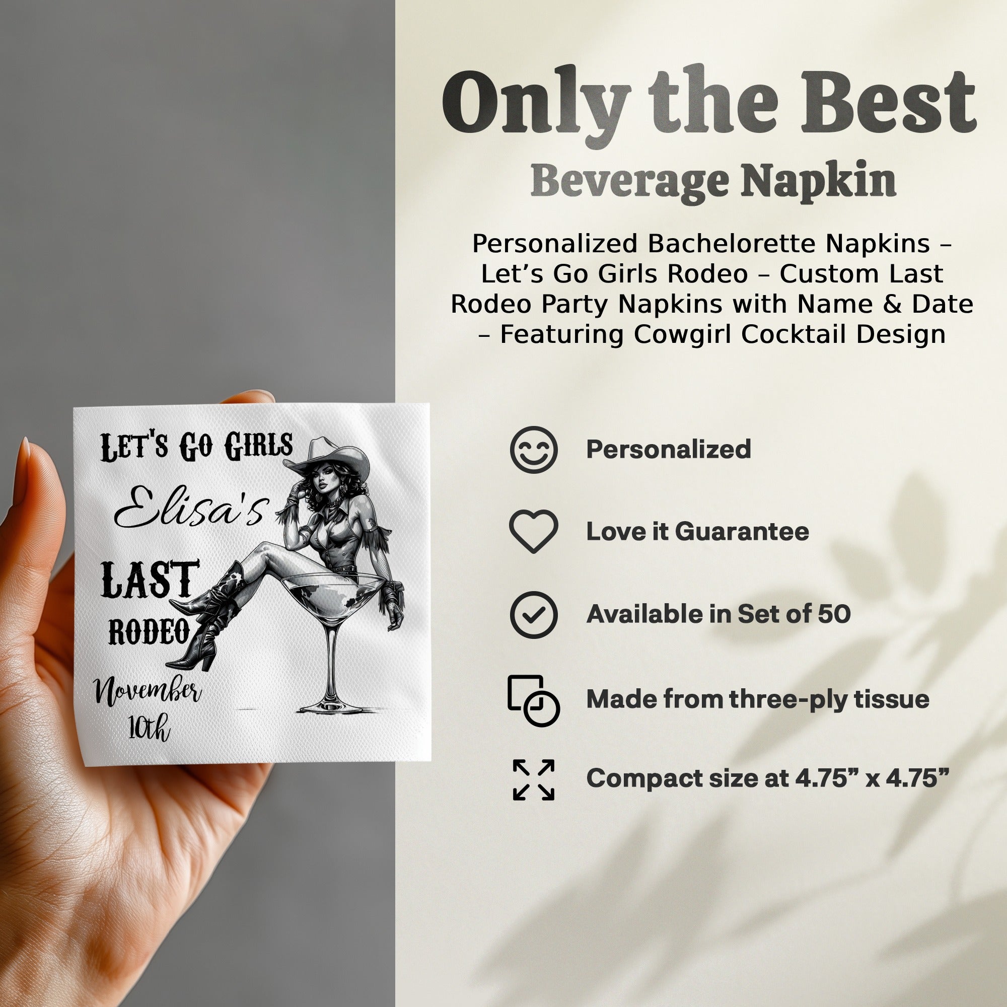Personalized Bachelorette Napkins – Let’s Go Girls Rodeo – Custom Last Rodeo Party Napkins with Name & Date – Featuring Cowgirl Cocktail Design