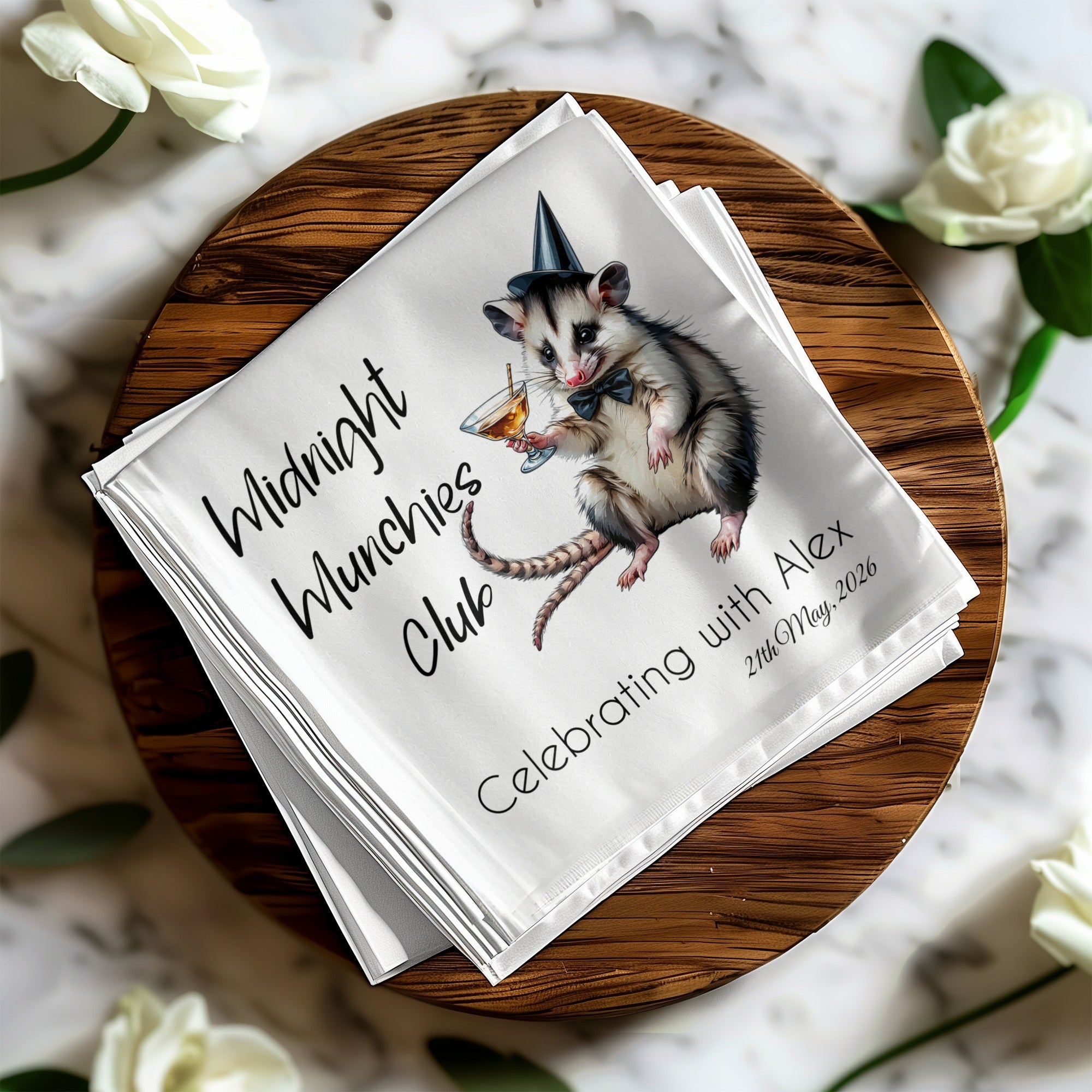 Midnight Munchies Opossum Napkin, Funny Party Napkin, Celebrating with Alex Napkin, Cocktail Napkin, Opossum Lover Gift, Party Decor
