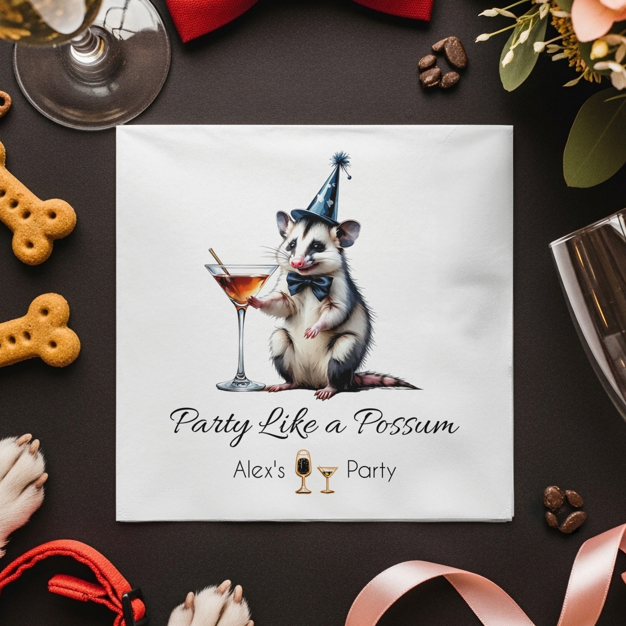 Party Possum Napkin, Cocktail Napkin, Funny Animal Napkin, Birthday Party Decoration, Festive Napkin, Unique Party Favor, Cute Napkin