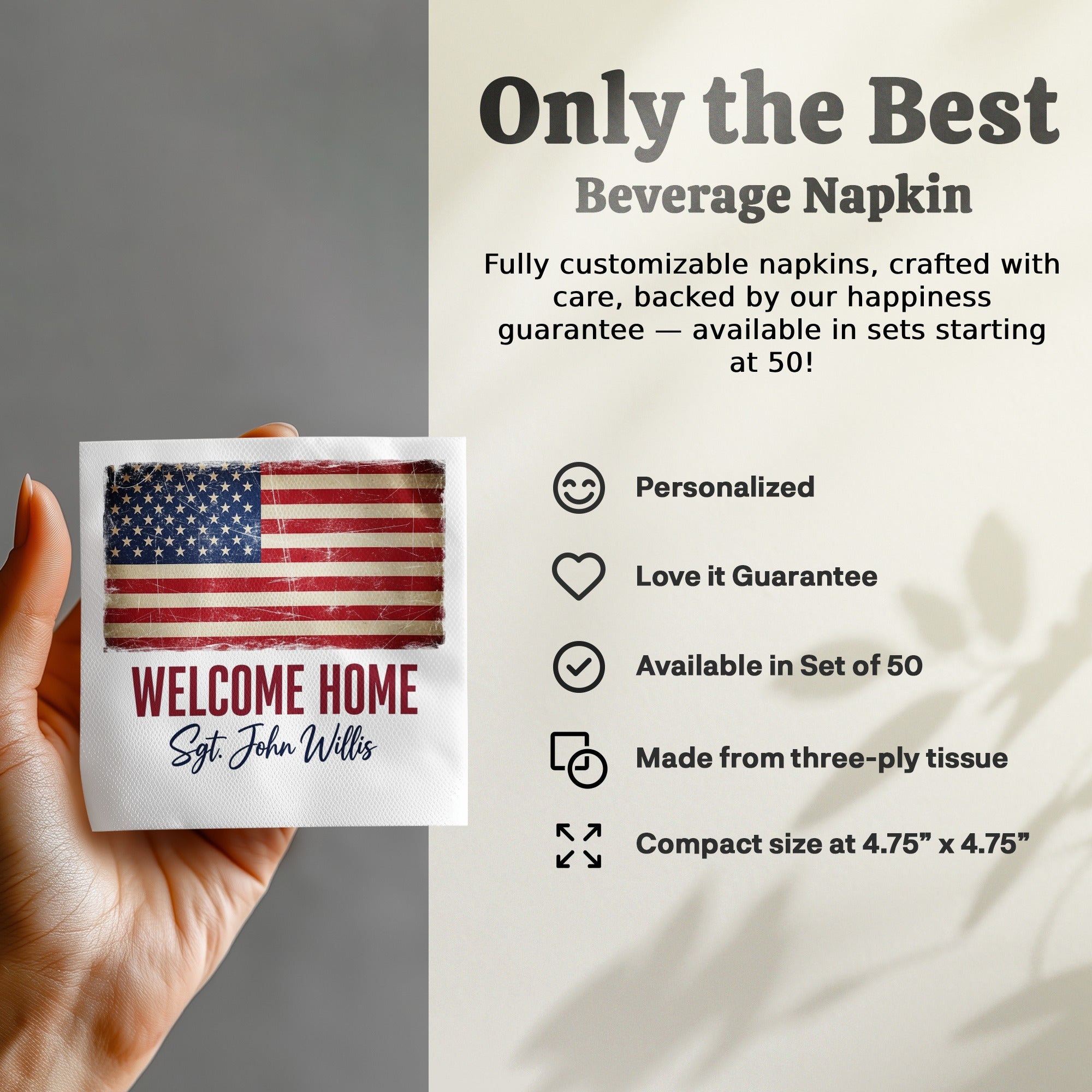 Welcome Home Napkin, American Flag, Sgt John Willis, Patriotic Napkin, Military Napkin, Celebration Napkin, Party Favor