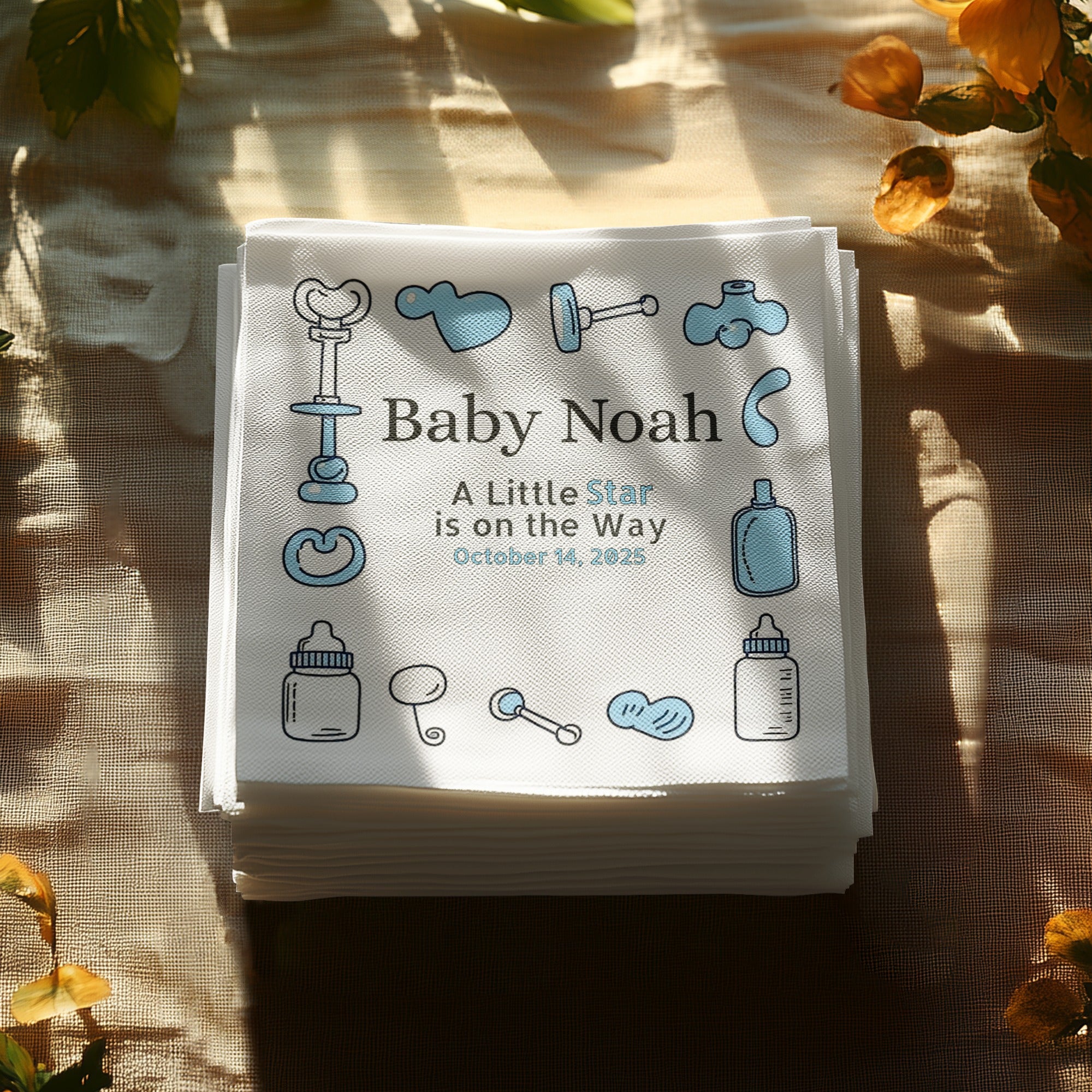 Personalized Baby Shower Napkins – A Little Star Is on the Way – Custom Baby Shower Napkin with Blue Icons – Boy Theme