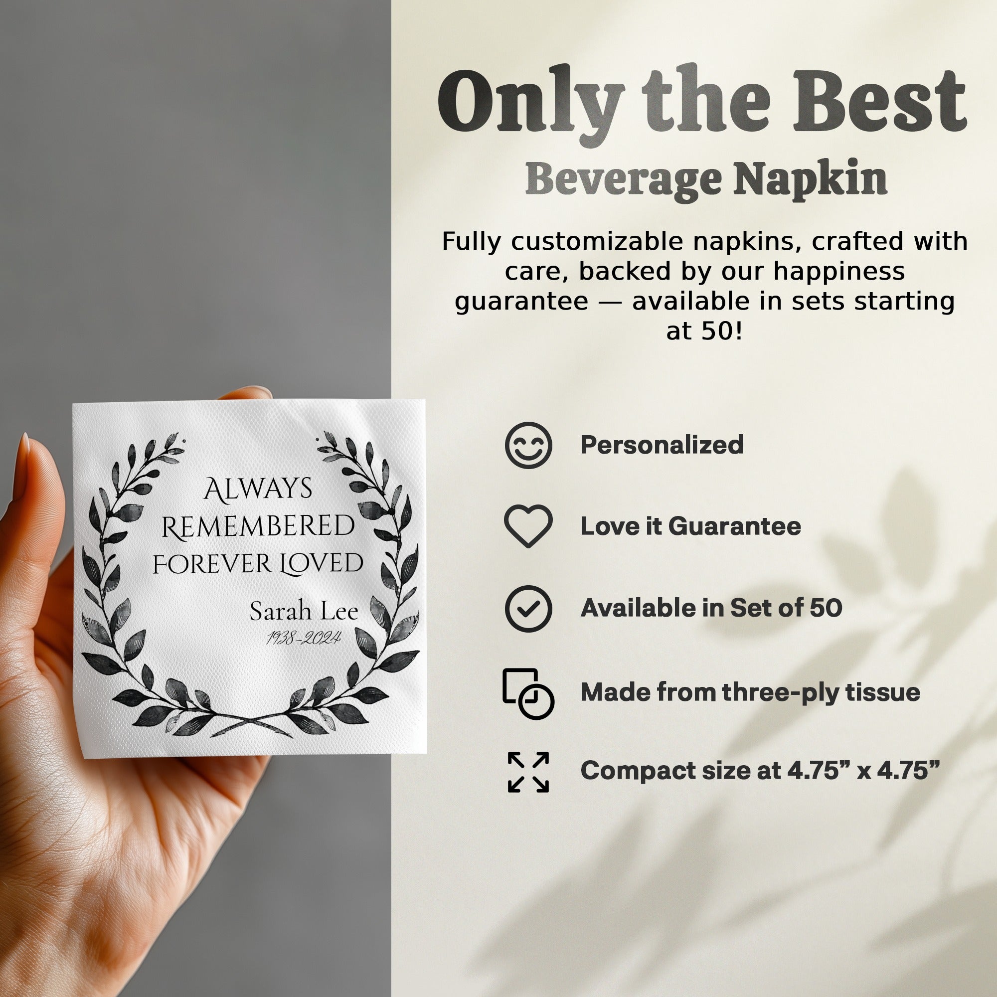 Personalized Memorial Napkins – Custom Funeral Napkin with Name & Years – Always Remembered Forever Loved – Laurel Wreath Design