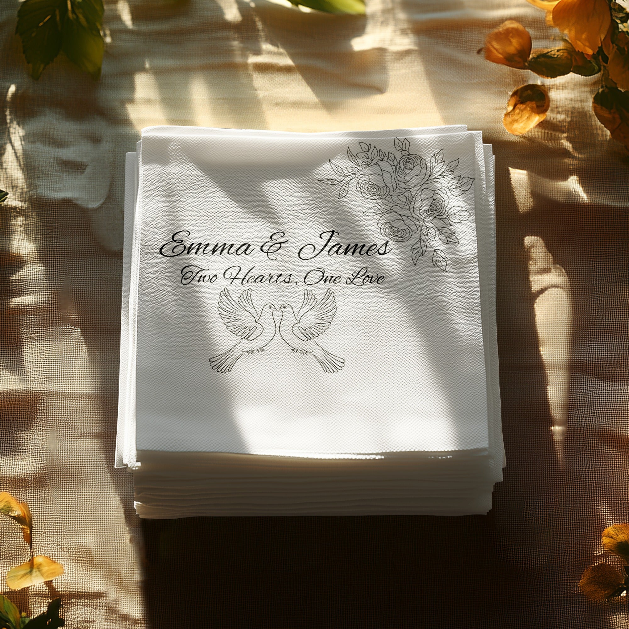 Personalized Wedding Napkins – Love Doves & Roses – Custom Wedding Napkin with Romantic Dove Illustration – Symbol of Unity
