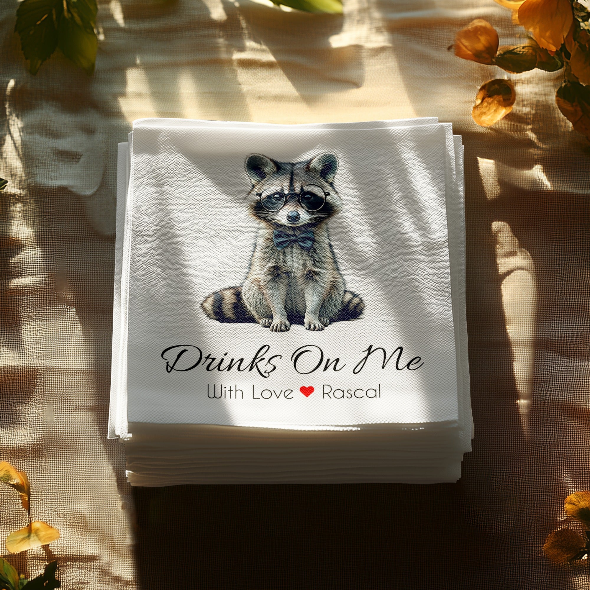 Drinks On Me Napkin, Raccoon Napkins, Funny Napkin, Animal Napkin, Party Napkins, Novelty Napkins, Cocktail Napkin, Barware Napkin