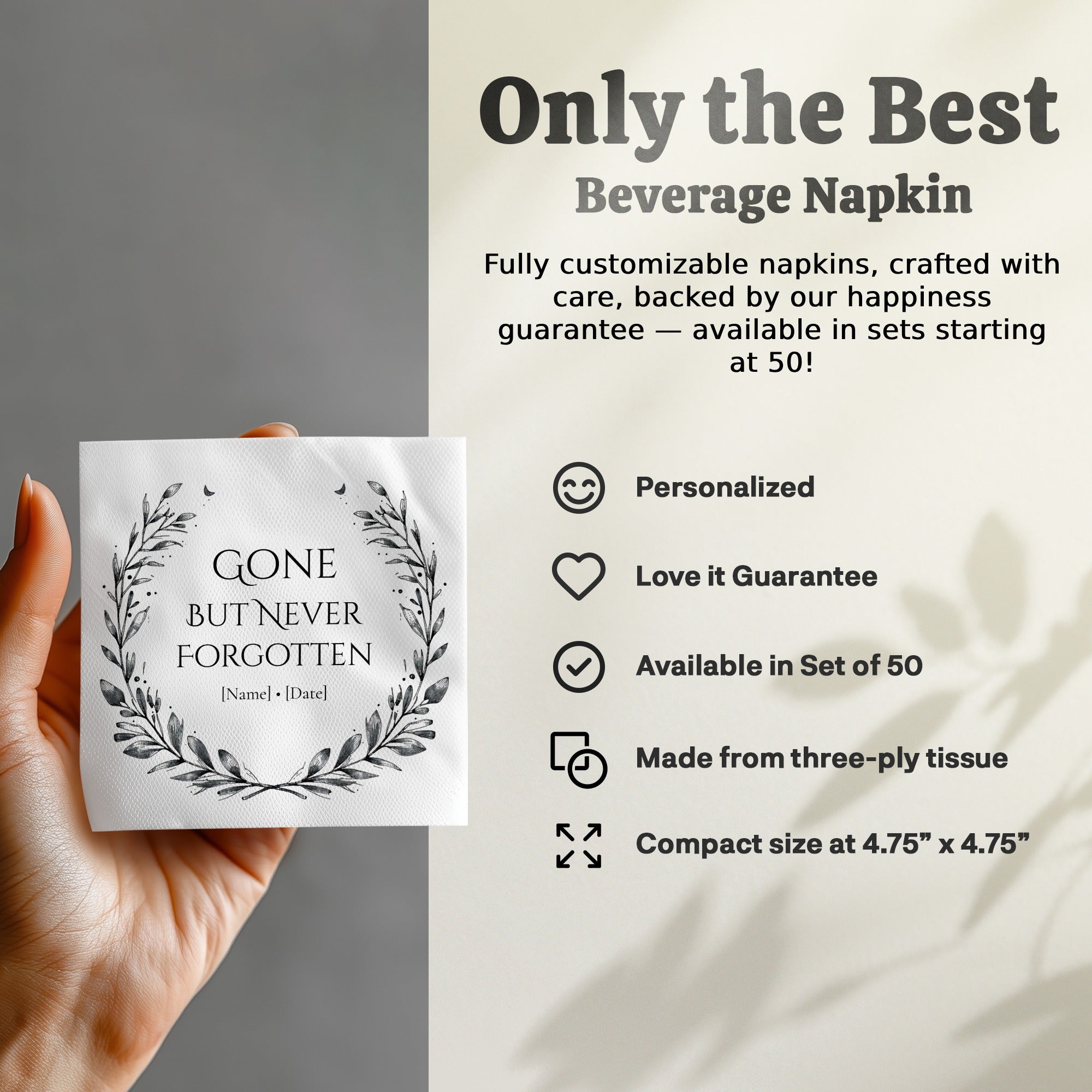 Personalized Memorial Napkins – Gone But Never Forgotten – Funeral Napkin with Name & Date – Elegant Laurel Wreath Design