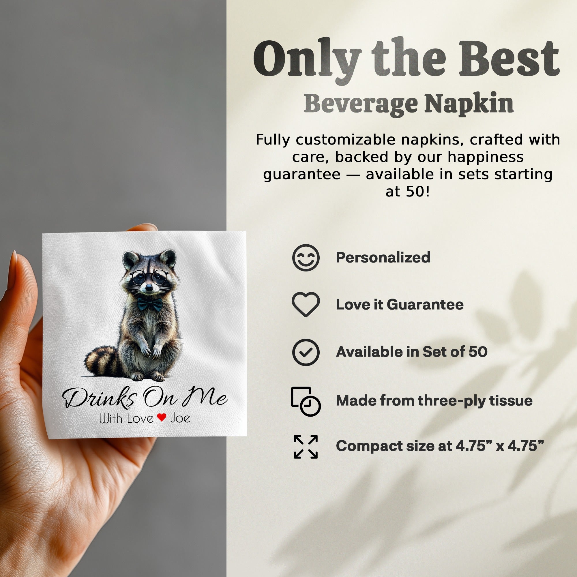 Drinks On Me Napkin, Raccoon Napkin, Animal Lover Gift, Funny Raccoon, Bowtie Napkin, Cute Animal, Party Napkin, Raccoon Art