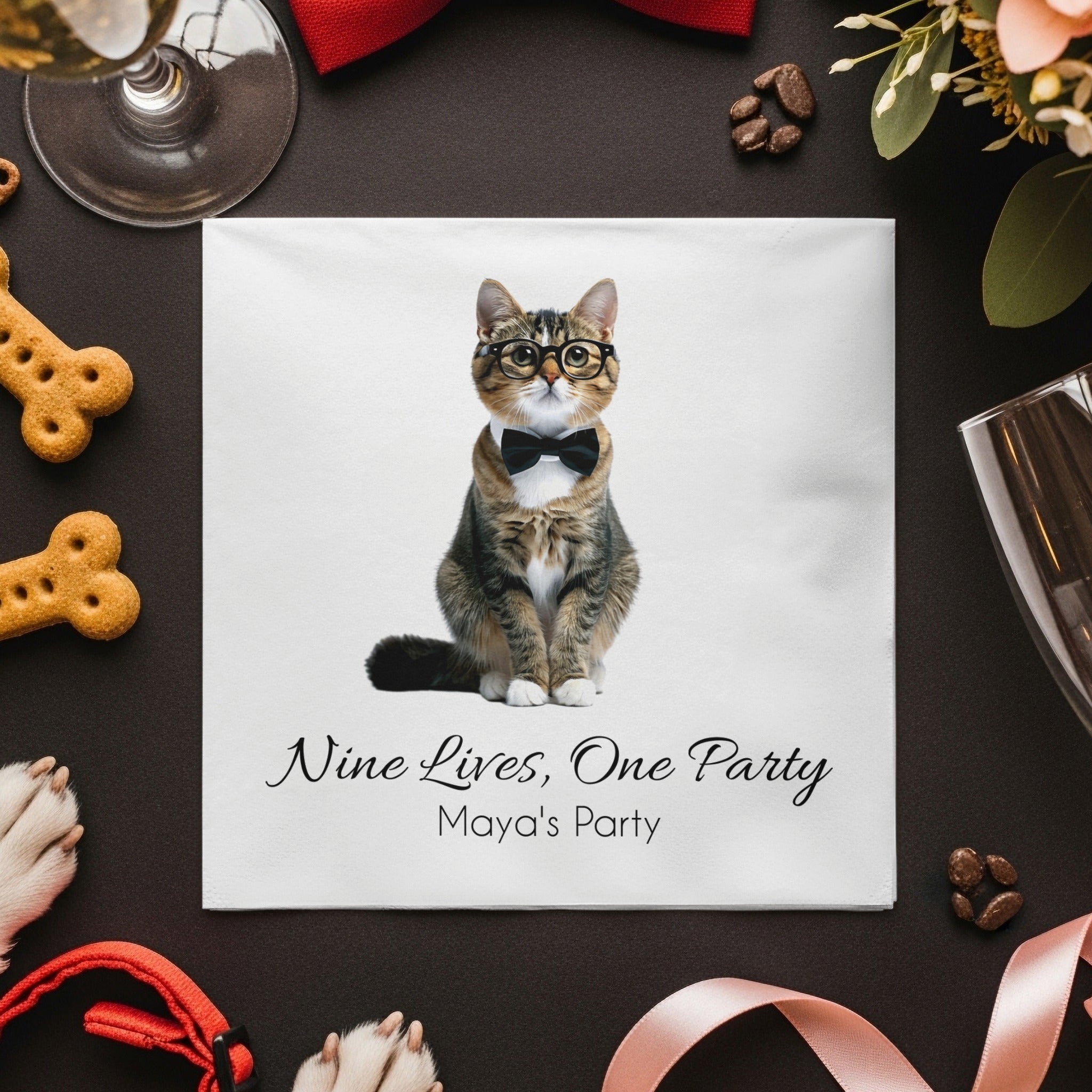 Nine Lives One Party Napkin, Cat Lover Napkin, Pet Party Napkin, Funny Napkin, Maya's Party, Cute Party Napkin, Cat in Bow Tie Napkin