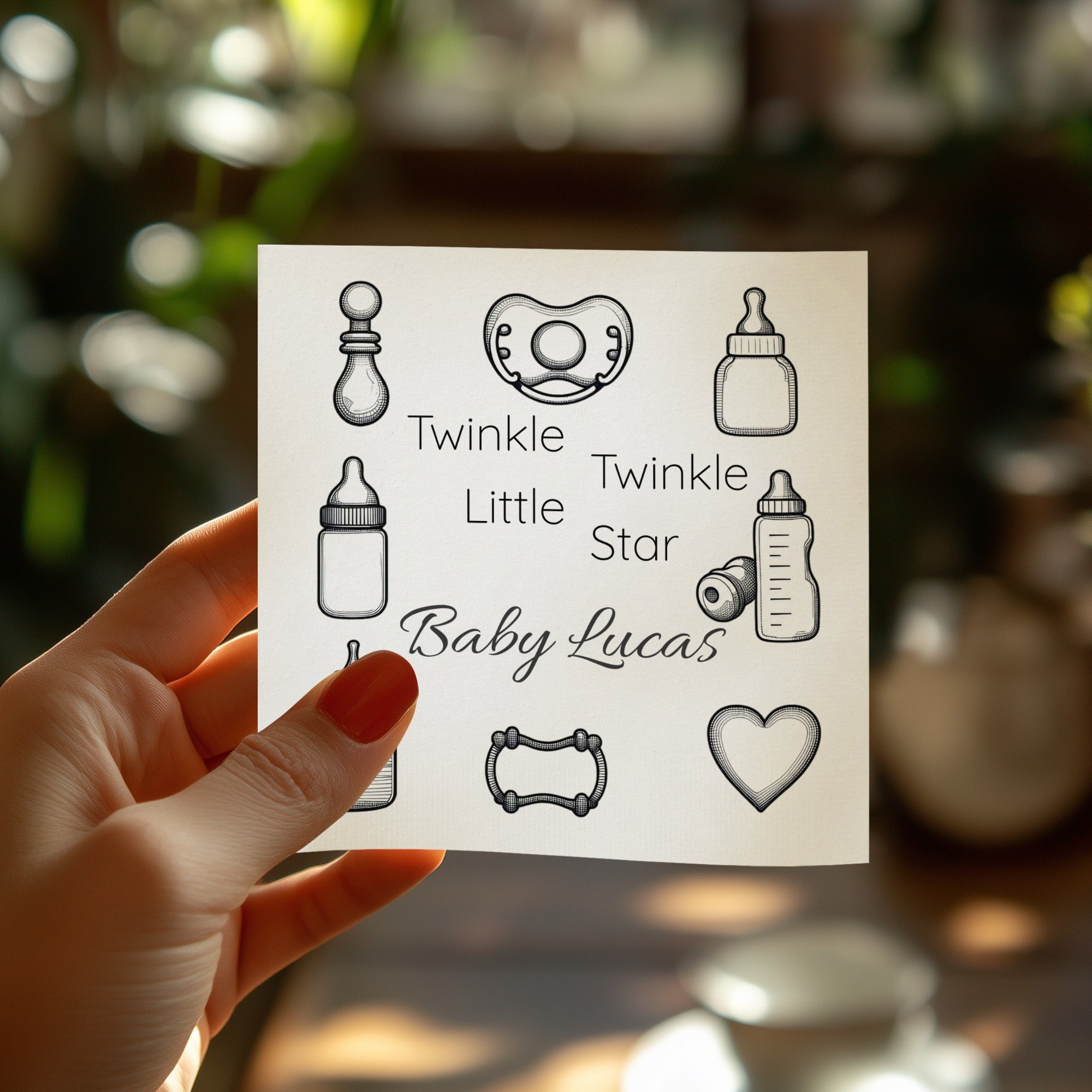 Personalized Baby Shower Napkins – Twinkle Twinkle Little Star – Custom Baby Shower Napkin with Nursery Sketch Icons – Neutral Black & White