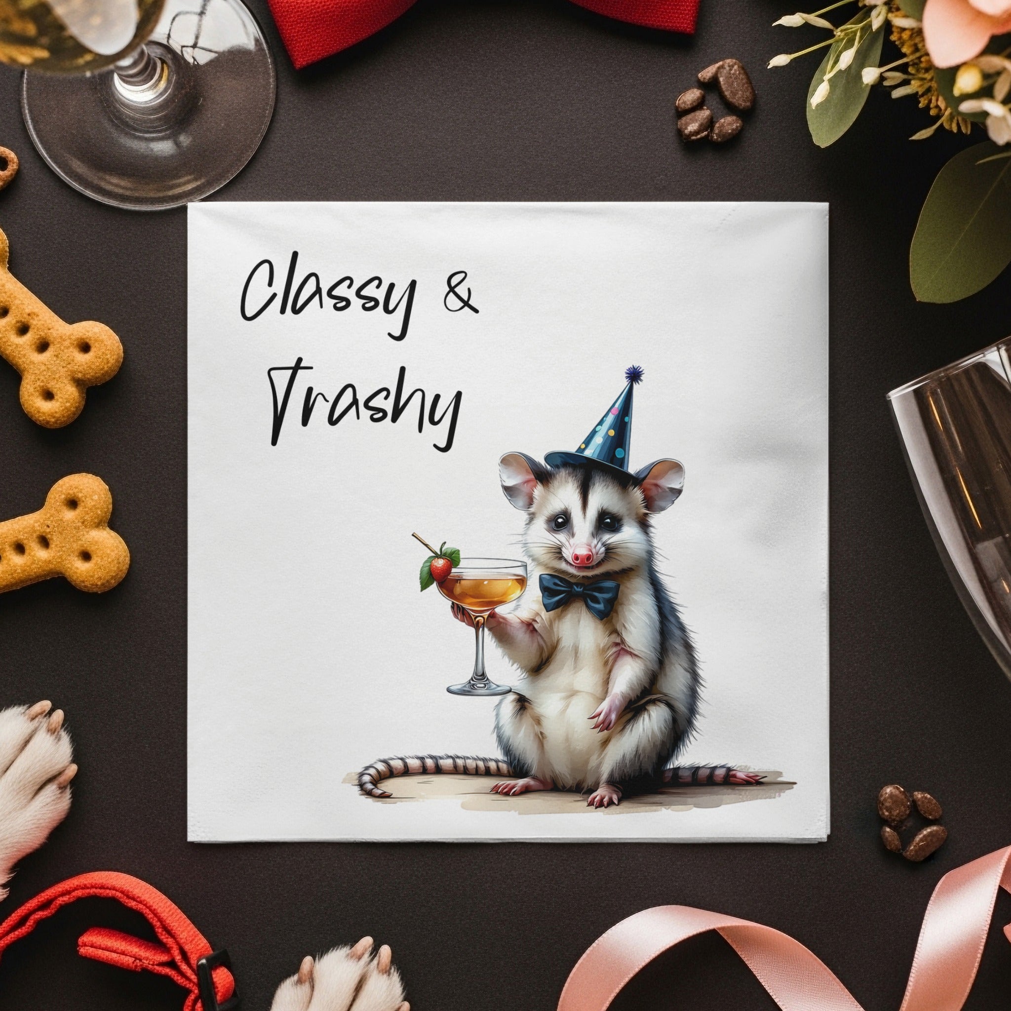 Classy Trashy Opossum Napkin, Party Animal Design, Funny Cocktail Napkin, Novelty Gift, Cute Opossum, Unique Napkin Decor, Fun Napkin